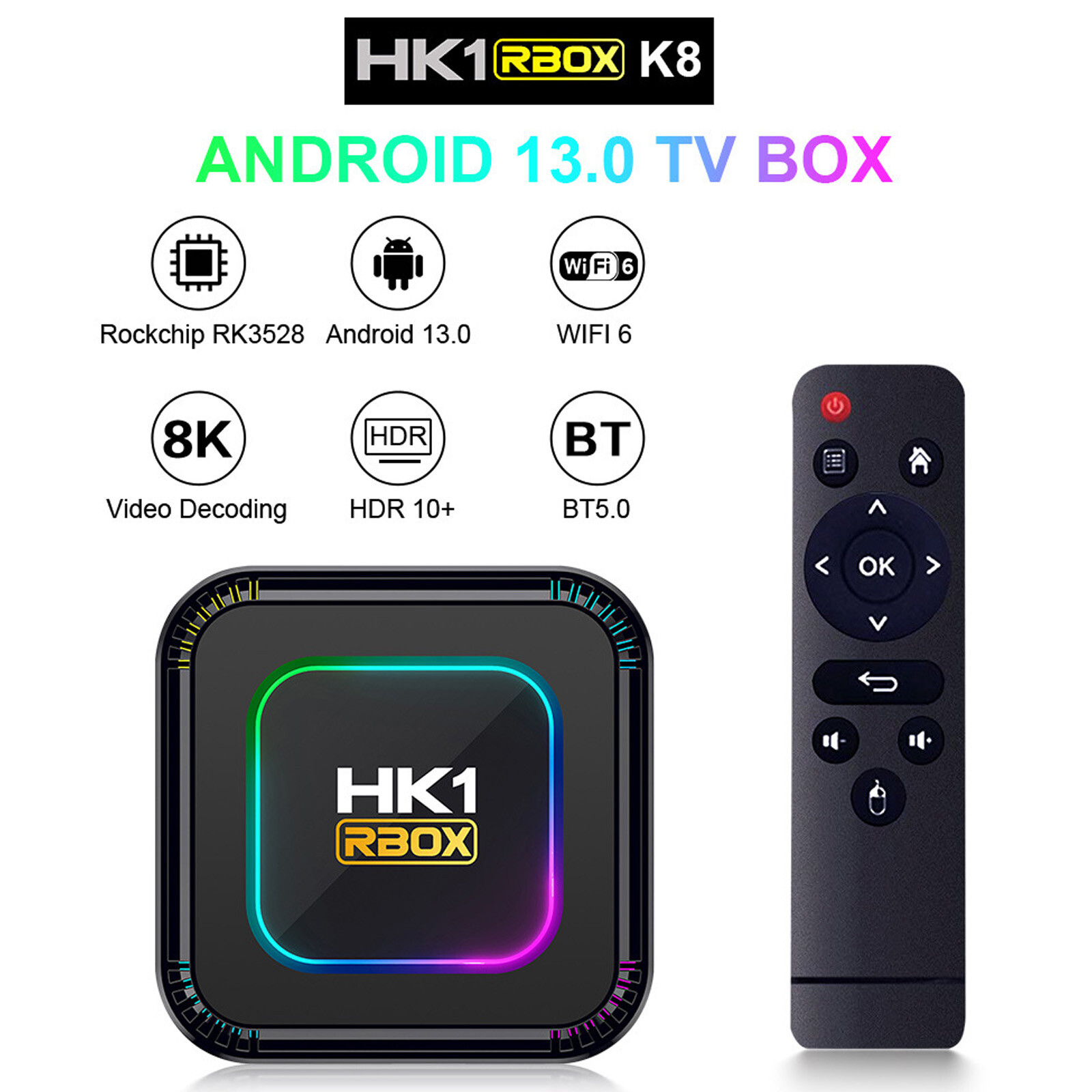 SmartTV Box Android 13 Quad Core HK1 RBOX 8K HD Media Stream Player 2024Upgraded