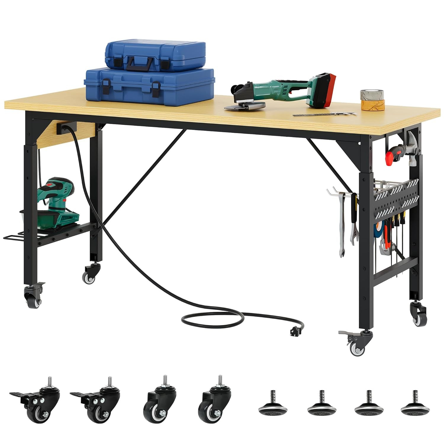 60" Adjustable Workbench on Wheels, Garage Tool Work Bench with Outlets & Wheels