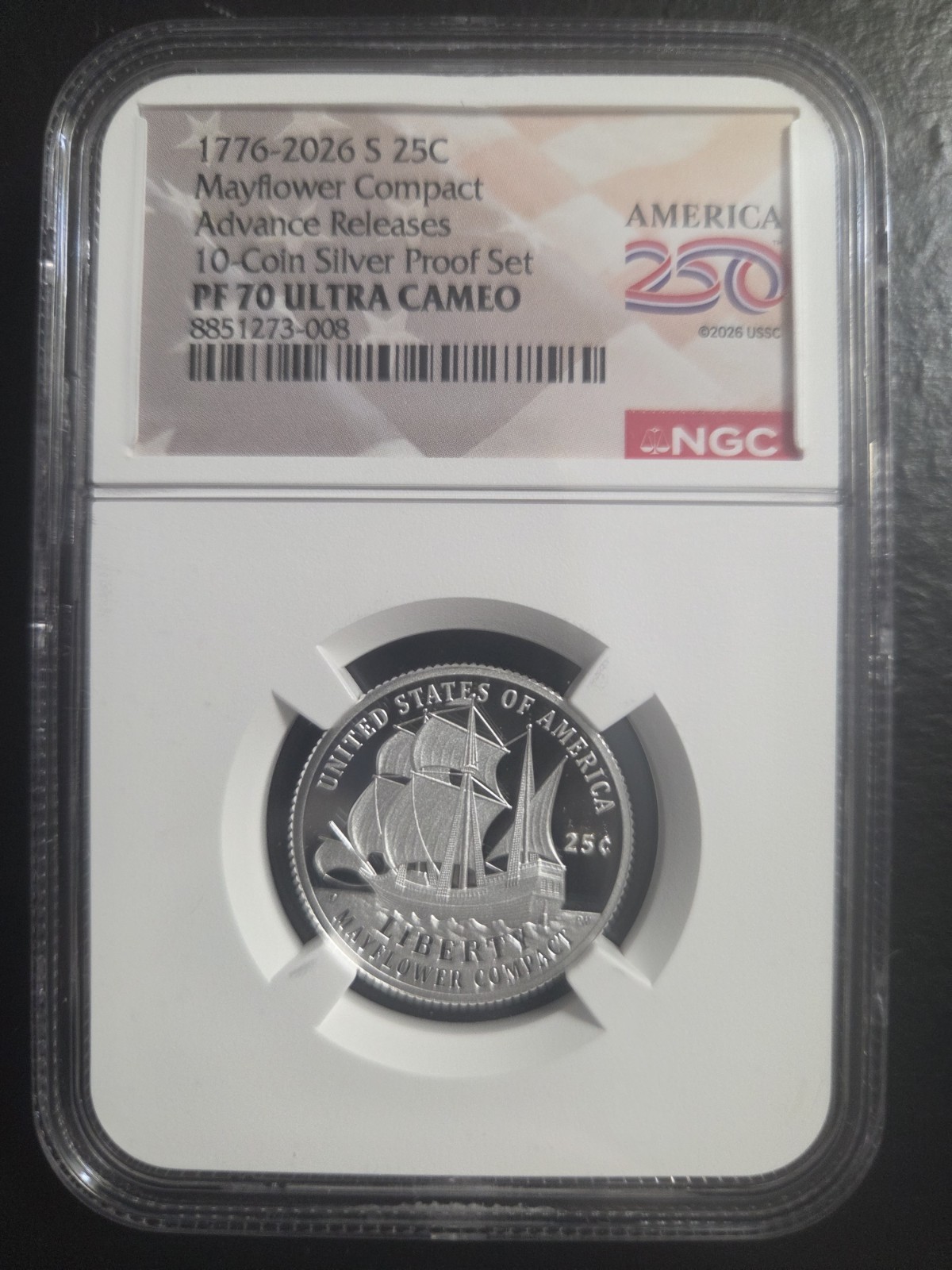 2026 S PROOF SILVER QUARTER MAYFLOWER COMPACT NGC PF70 UCAM ADVANCE RELEASES