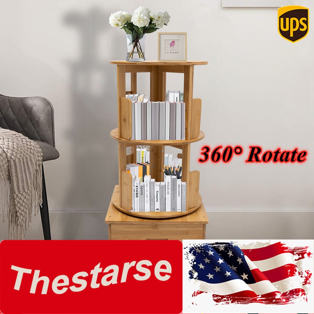 2 Tiers Rotating End Table Chinese Styles Nightstands Bedside Bookcase W/ Wheels