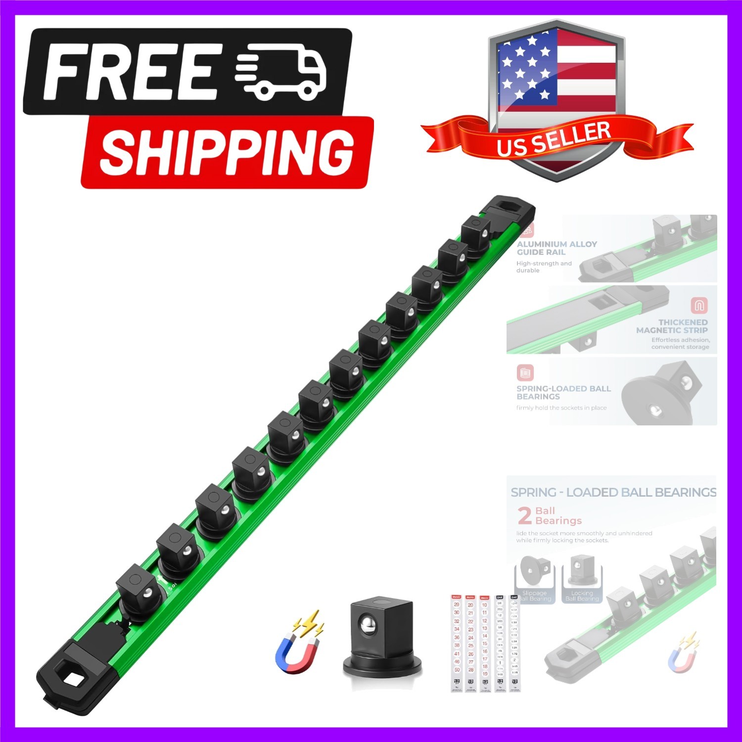 Magnetic Socket Organizer, 1/2" Drive Aluminum Alloy Socket Rail, Heavy Duty ...