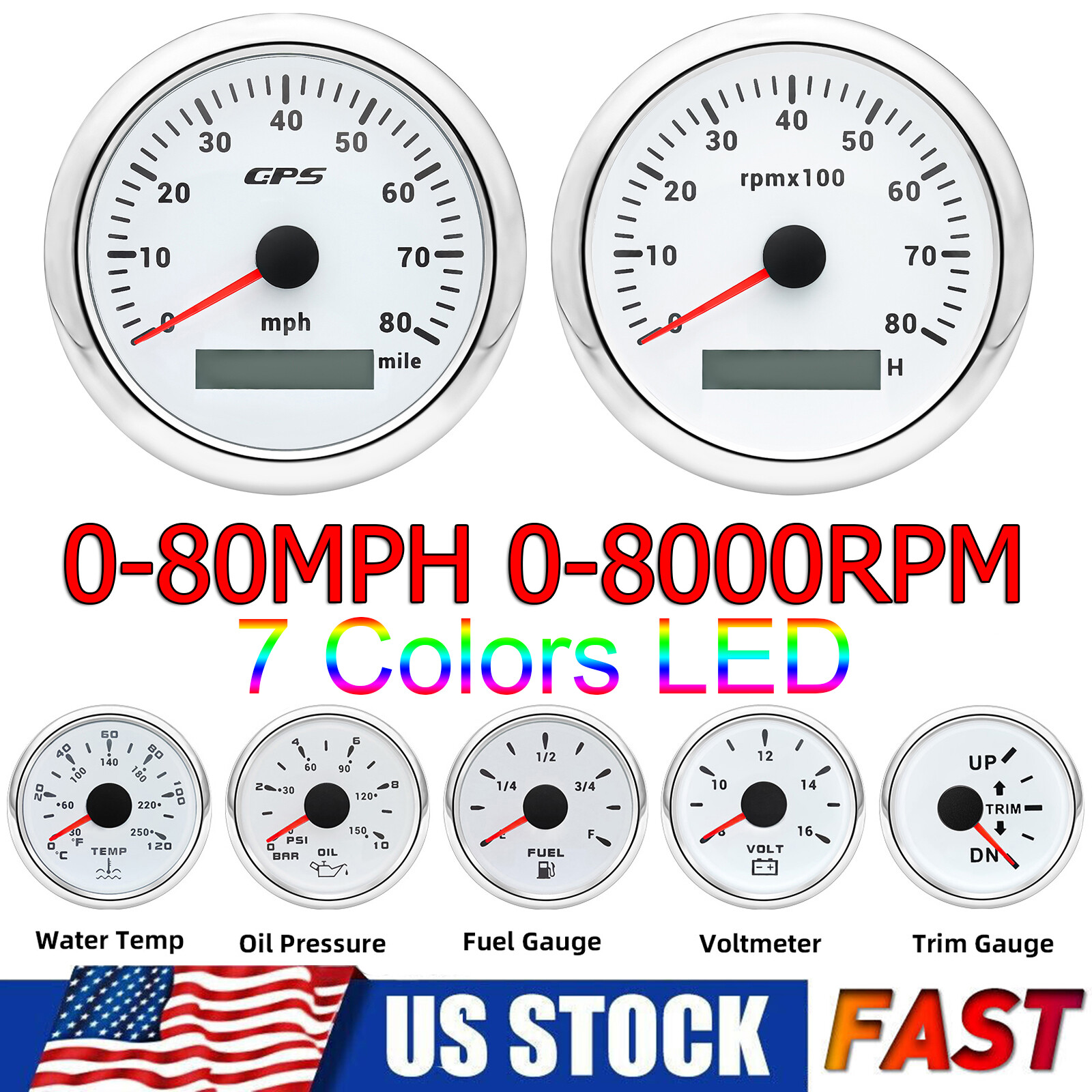 7 Gauge Set 85mm GPS Speedometer 0-80MPH Waterproof for Marine Boat Car Truck US