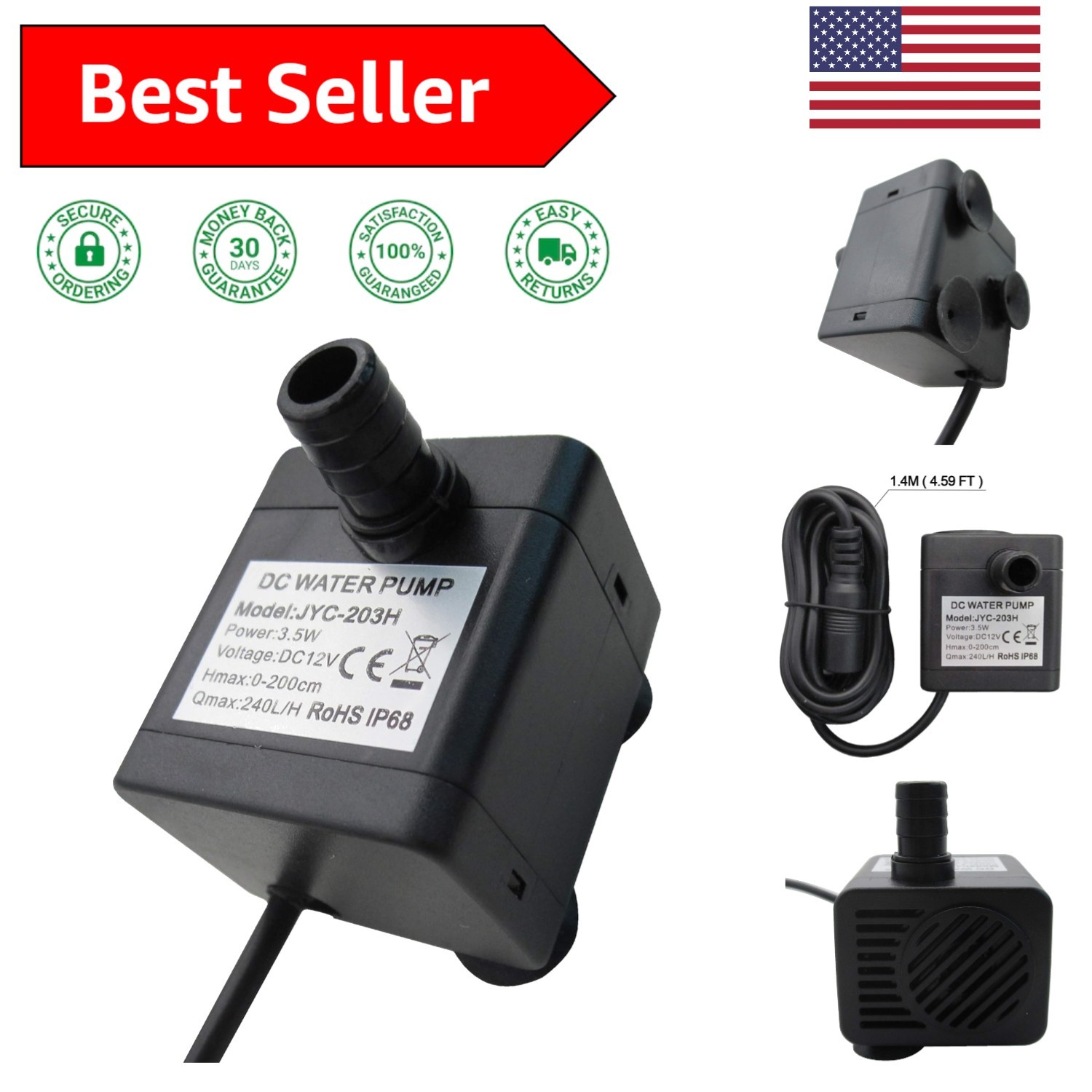 DC 12V Submersible Fountain Pump - 200L/H Flow Rate, 4.9ft Lift, Quiet Operation