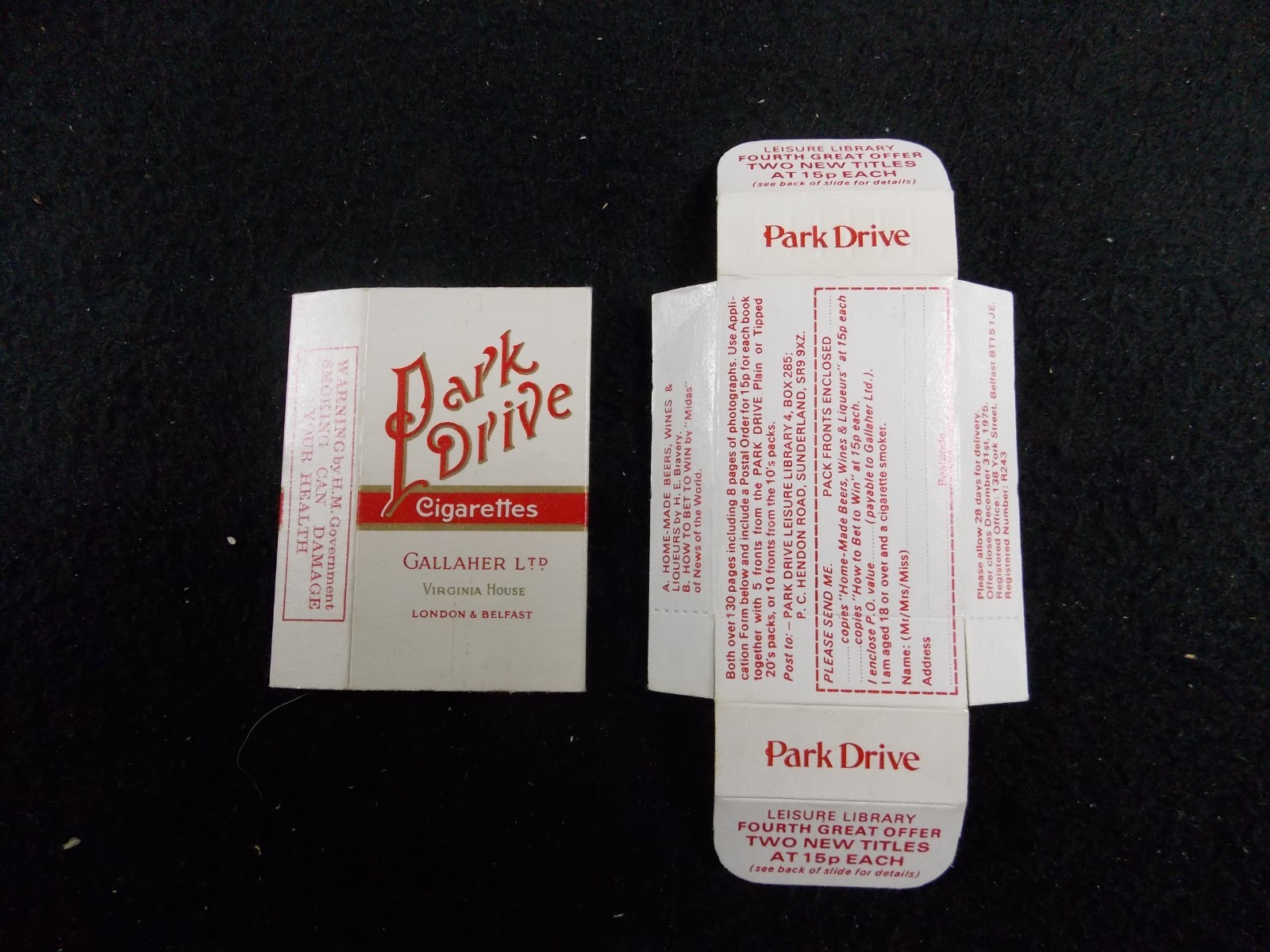 T6 Vintage Gallaher Park Drive Empty Cigarette Packet Box