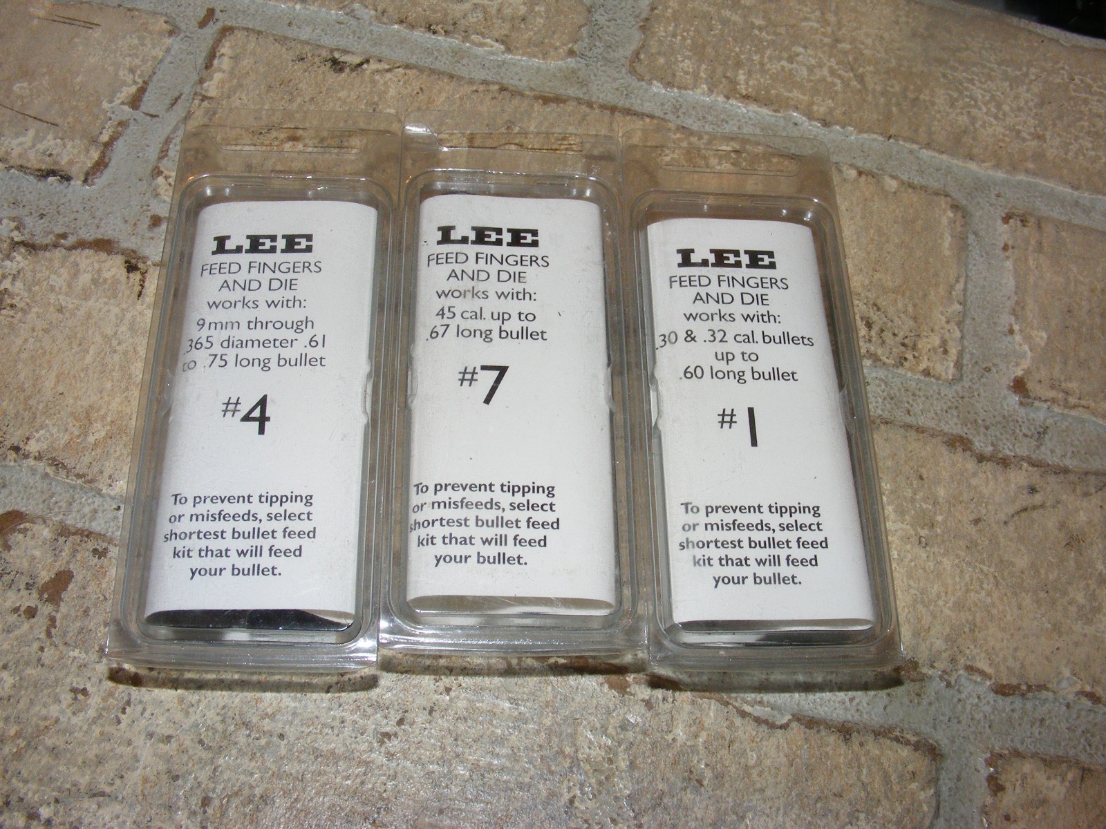 3 Lee Precision Feed Fingers & Dies # 1 for .30 & .32 Bullet,  4 for 9mm  7 .45