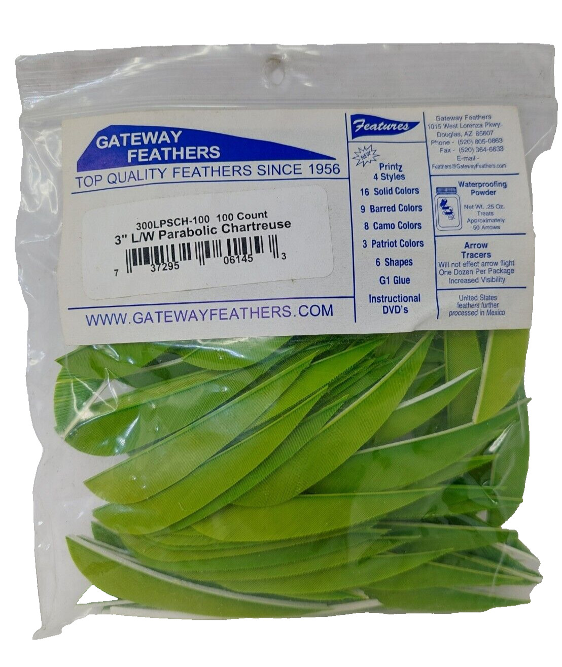 100 Pack Gateway Feathers 3" Left Wing: Parabolic Chartreuse Green 300LPSCH-100