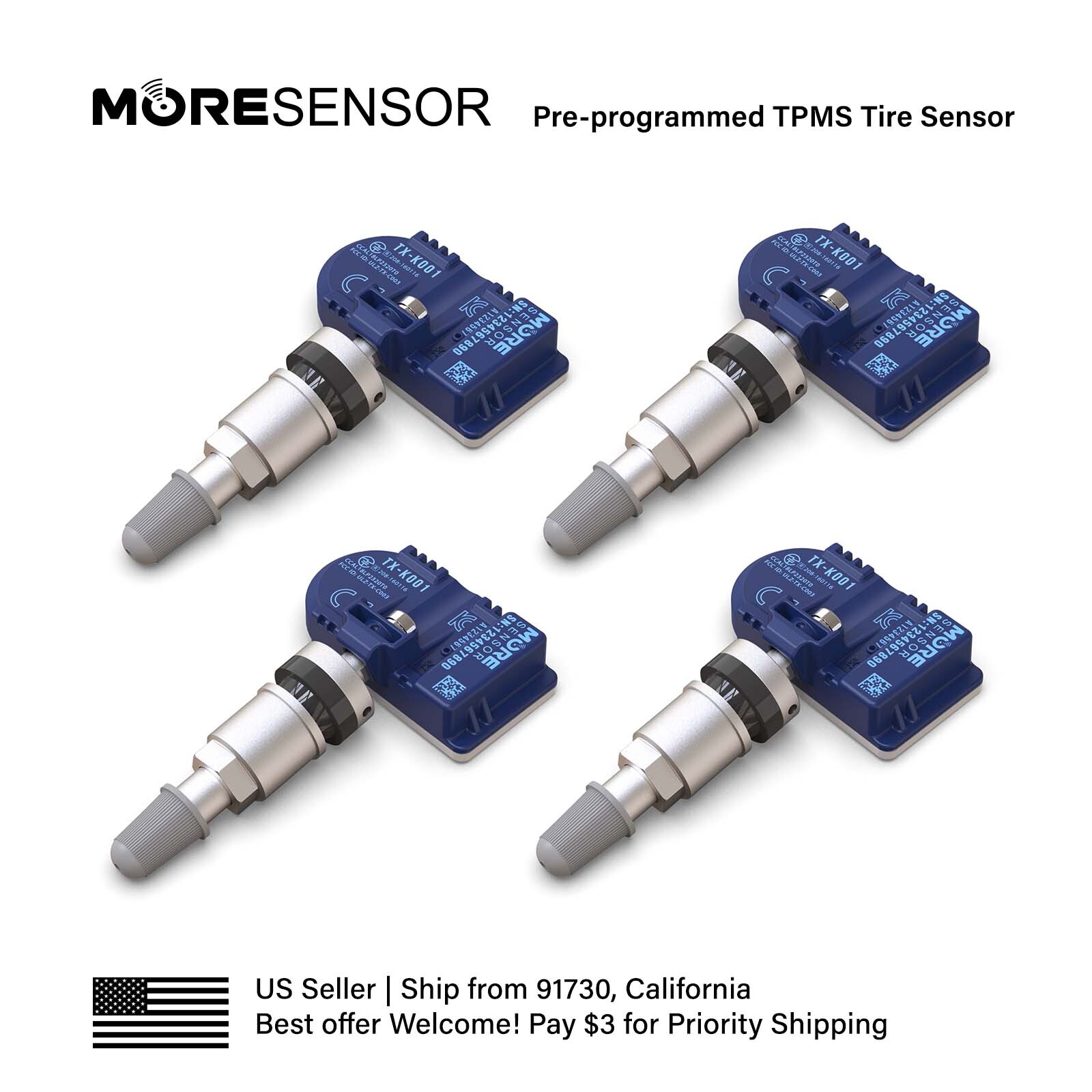 4PC 433MHz MORESENSOR TPMS Clamp-in Tire Sensor for SAAB 9-3 9-5 13227143