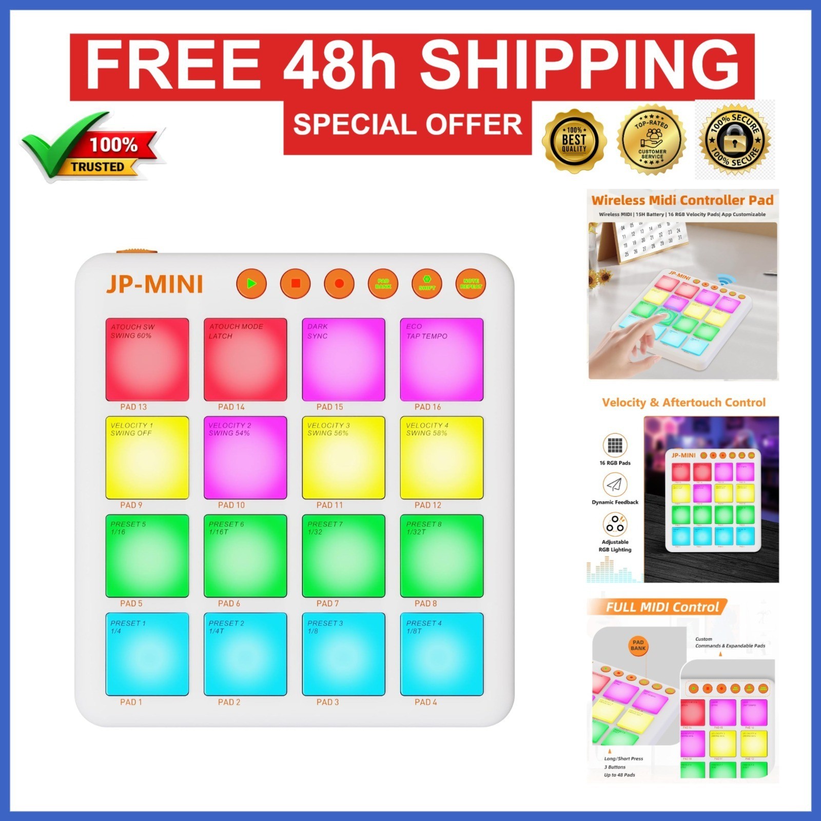 Lefiko Mini Wireless MIDI Controller with 16 RGB Pads & Aftertouch