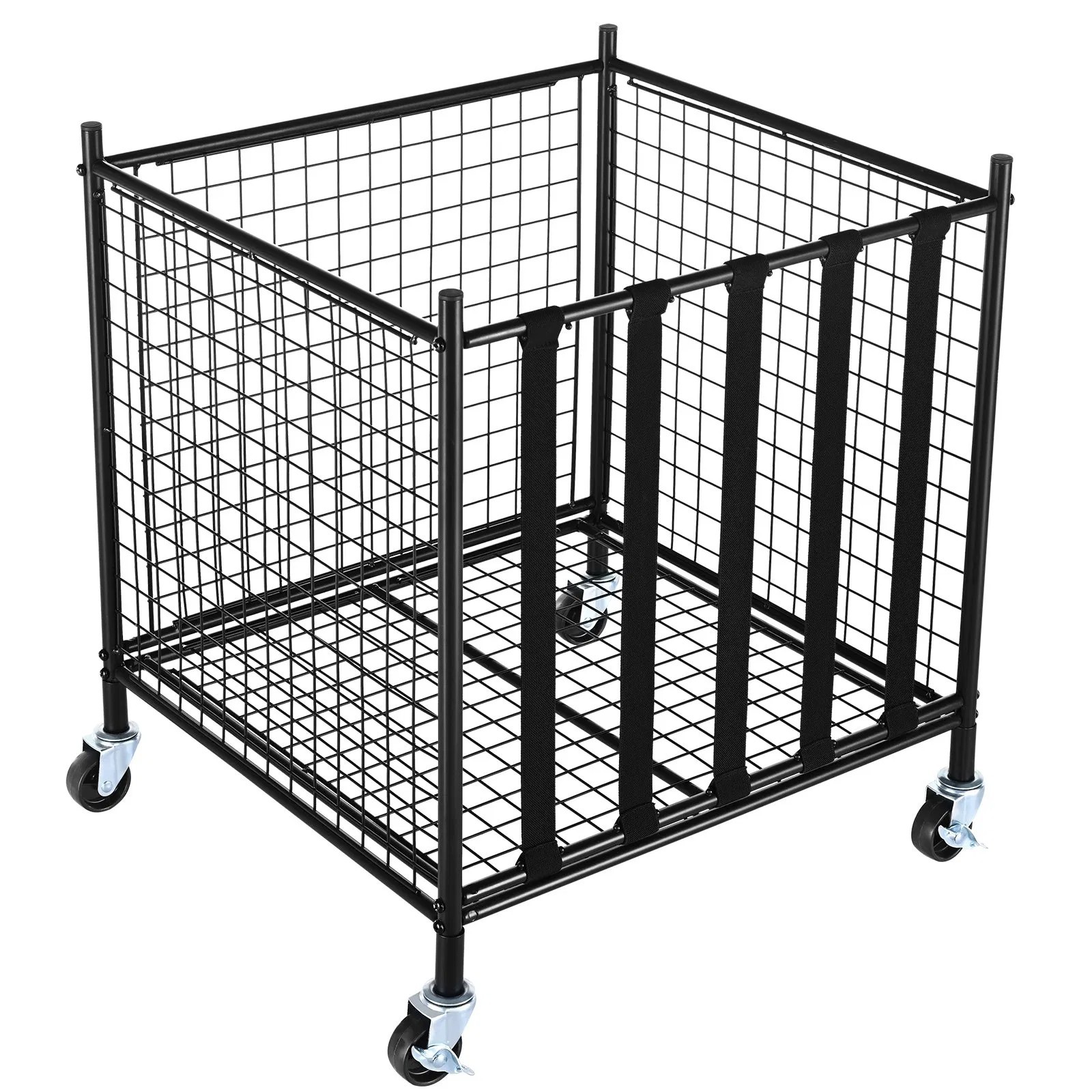 Rolling Sports Ball Storage Cart, Lockable Basketball Cage with Elastic Straps