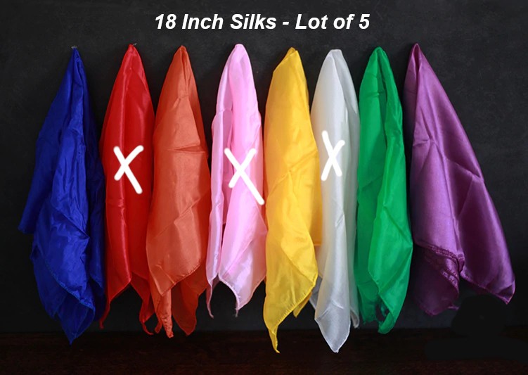 SILKS 18 INCH - LOT OF 5  BLUE, GREEN, YELLOW, ORANGE, PURPLE