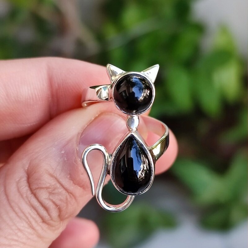 Solid-925 Sterling Silver gemstone Black Onyx Beautiful Women Unique Cat Jewelry