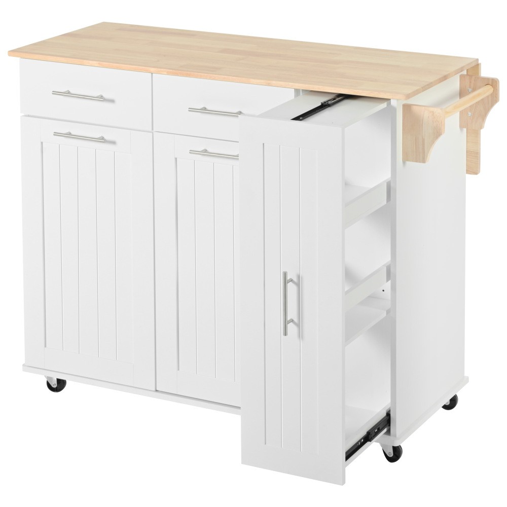 Kitchen Island with Drop Leaf with 3 Tier Pull Out Cabinet Organizer, White