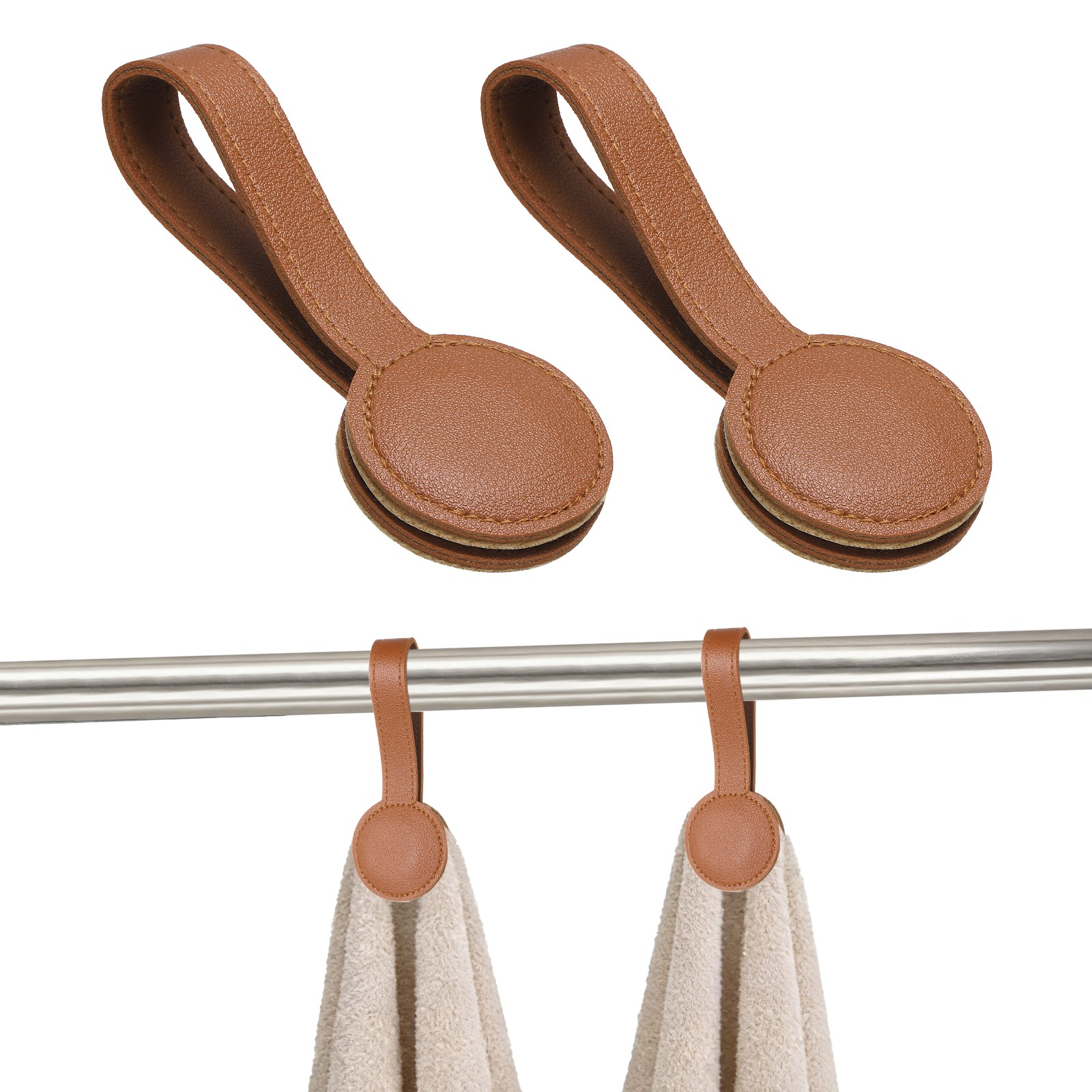 2 Pcs Kitchen Magnetic Towel Clips, Leather Towel Holder Clip, Brown