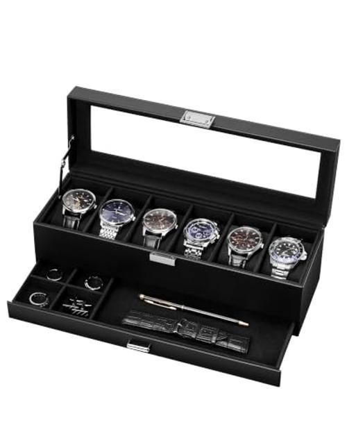 Watch Box for Men, 6-Slot Watches Display Case with Drawer, 6-slot All Black