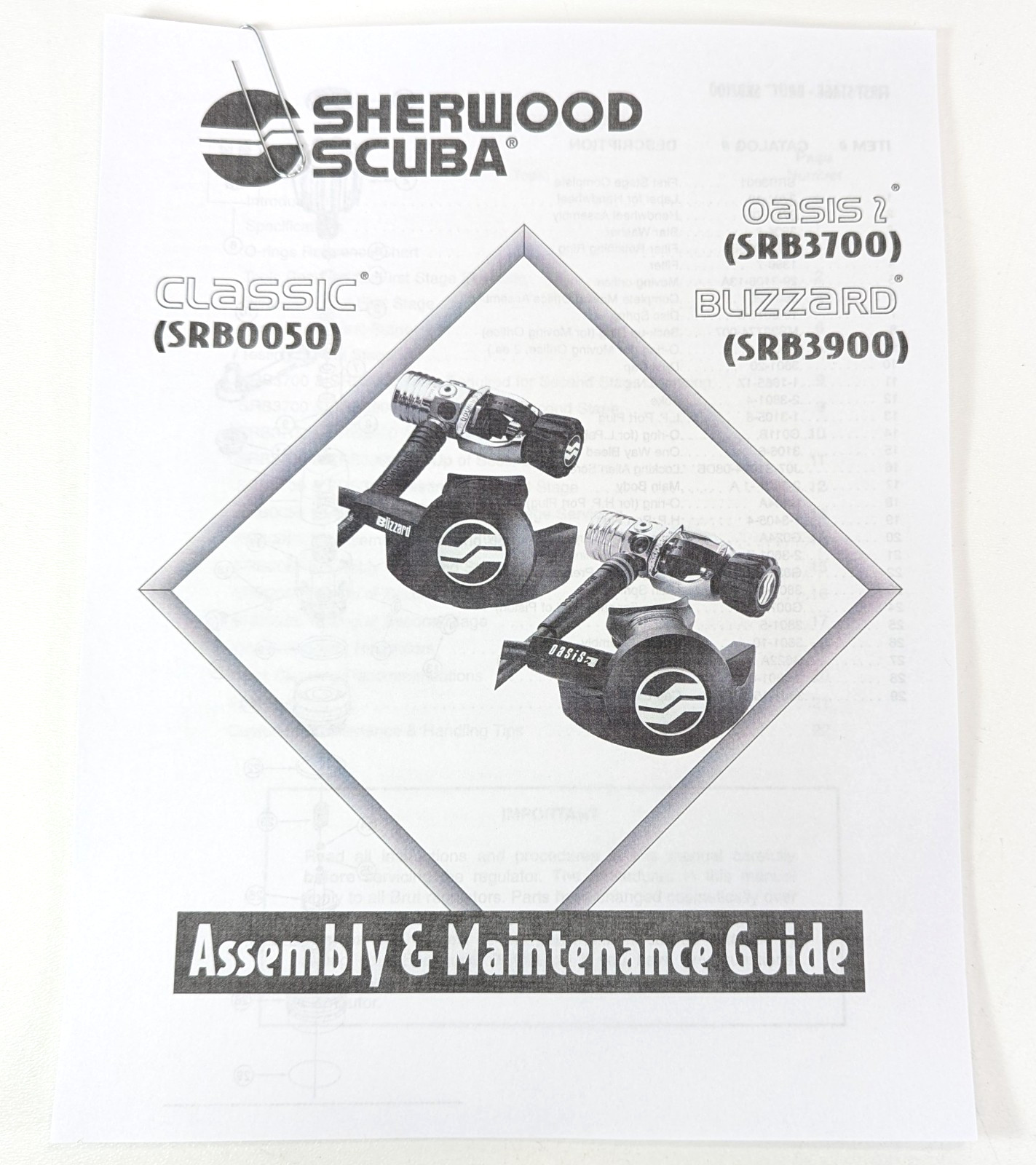 Sherwood Blizzard SRB3900 Assembly, Maintenance Service Repair Manual Scuba Dive