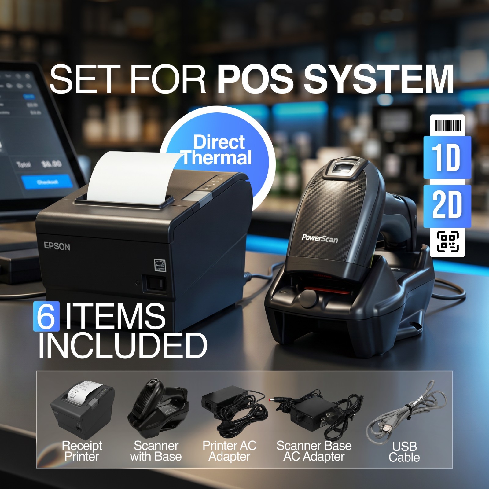 SET FOR POS SYSTEM Epson TM-T88VI Receipt Printer + Datalogic Powerscan PM9501