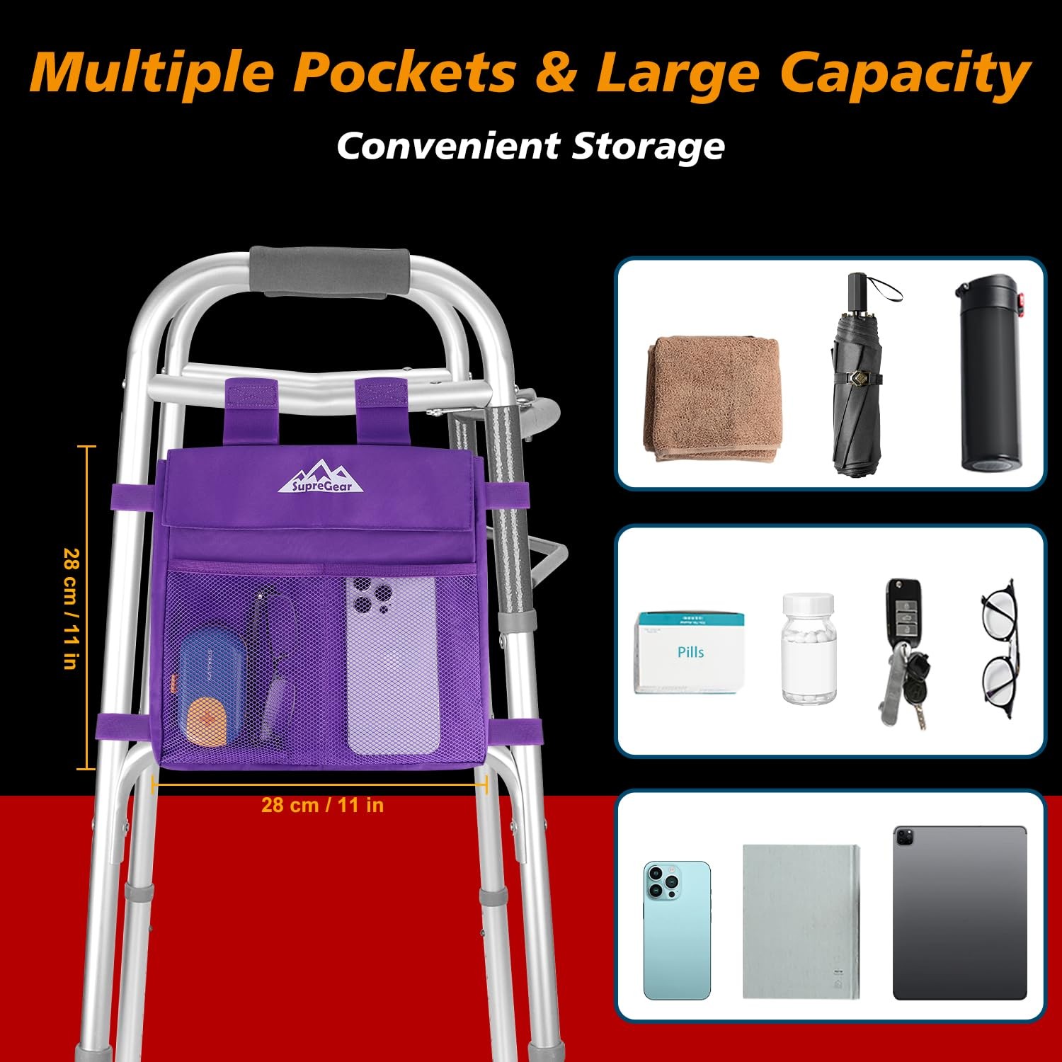 supregear Walker Side Bag, Multi Pocket Storage Pouch for Folding Walker, Wat...
