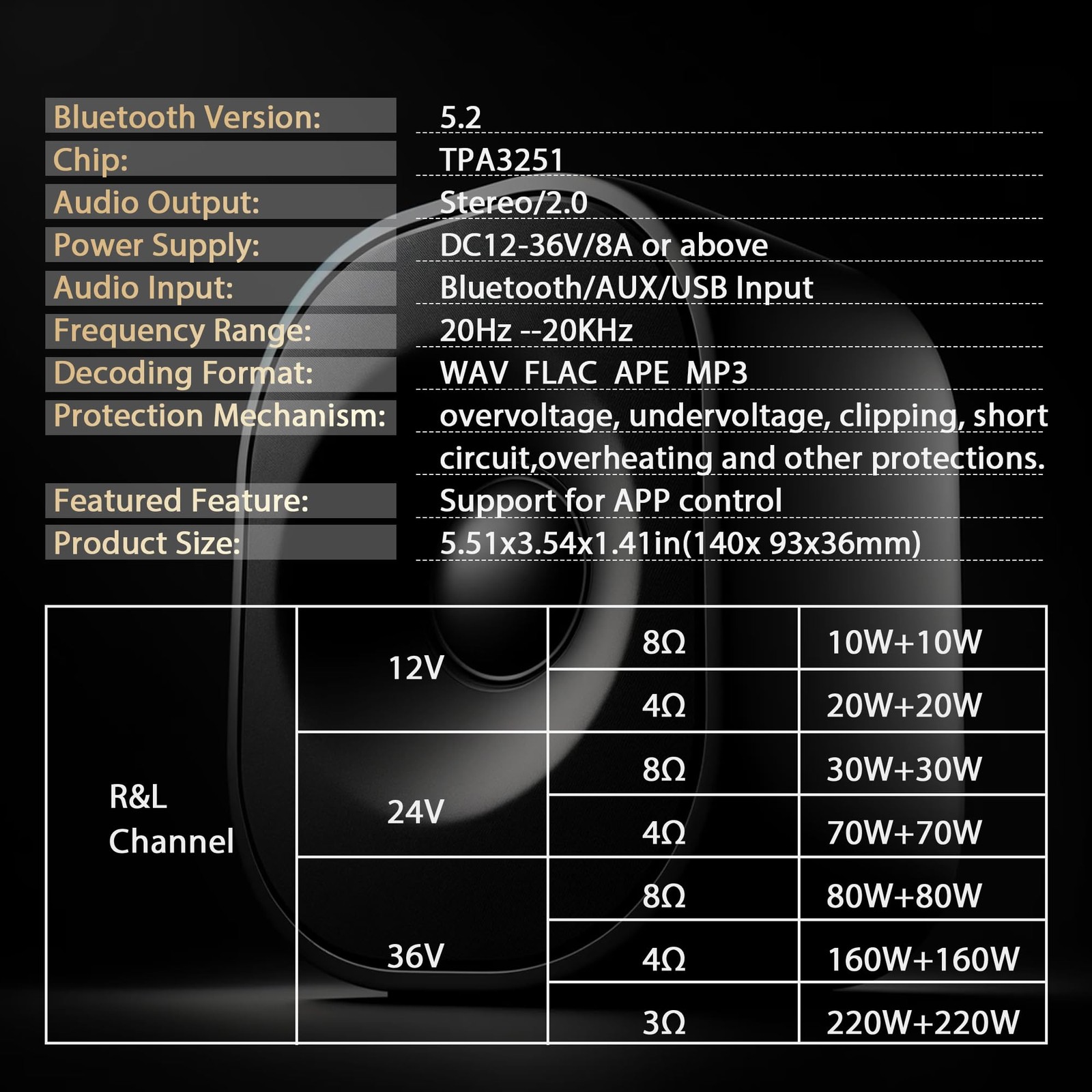 440W Audio Amplifier Board with Treble and Bass Control, Black2 T220HS