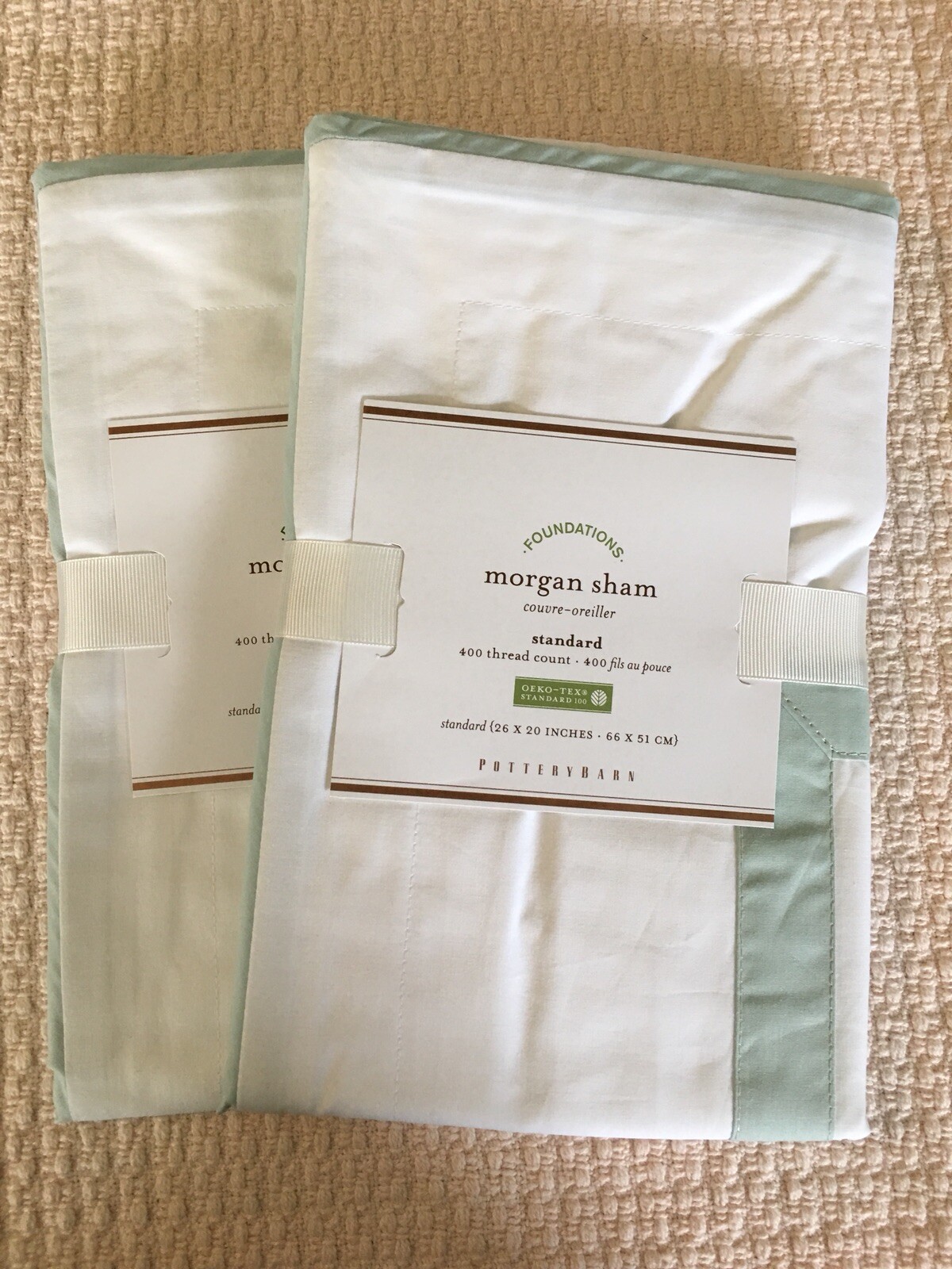 Set/2 Pottery Barn Morgan Standard Shams White/Eucalyptus NWT Gorgeous!!