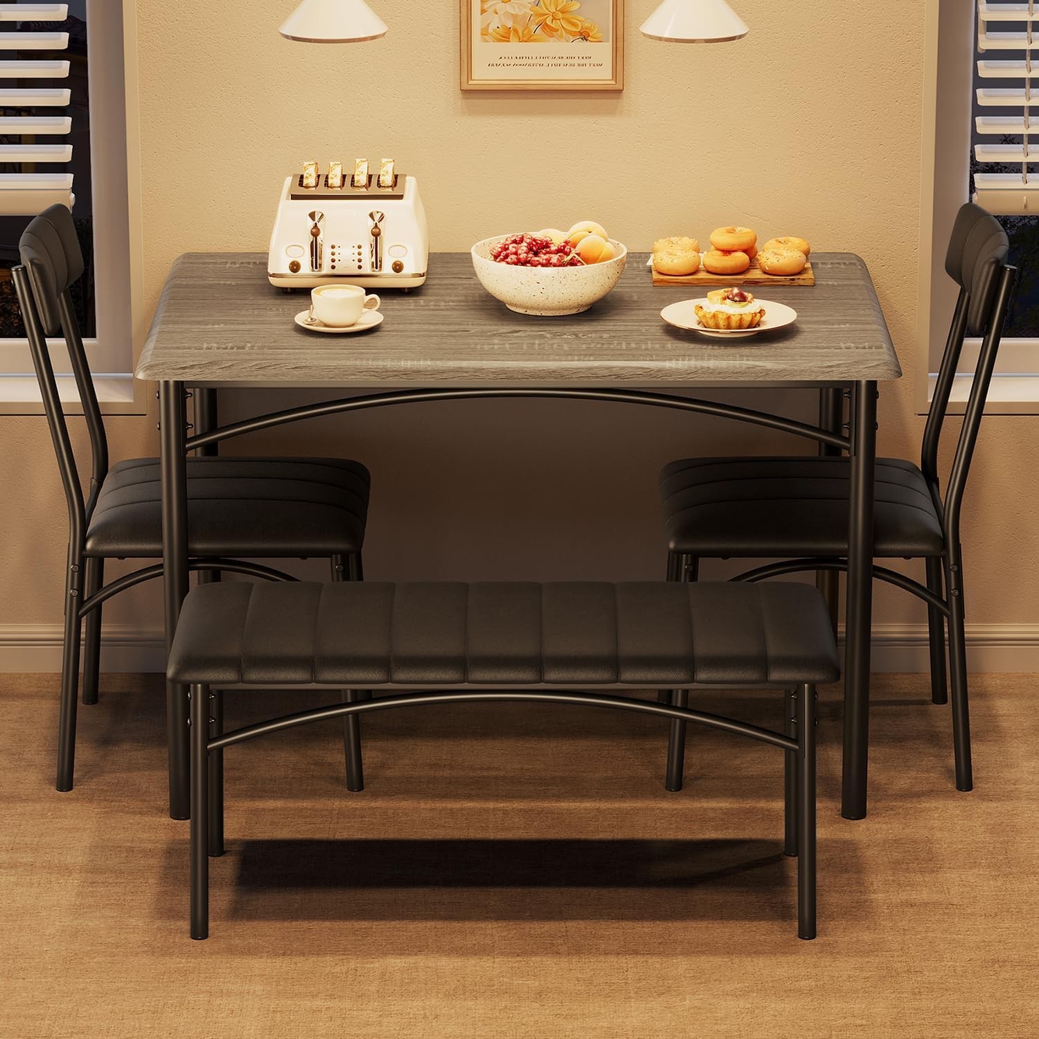 Dining Table Set 4 Kitchen Table W/ Upholstered Chairs & Bench Wood Rectangular