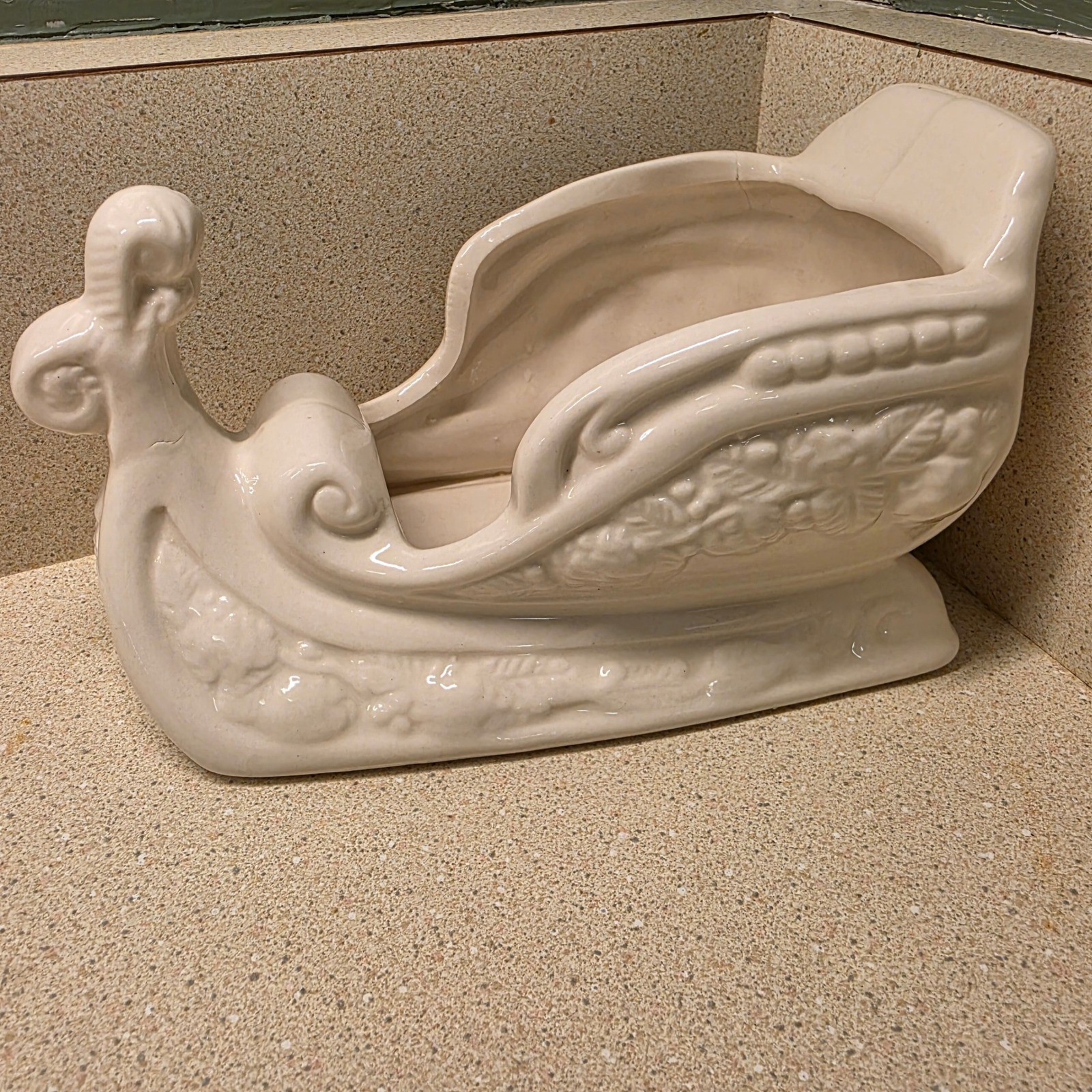 Ceramic Sleigh Planter Candy Dish Medium Off-White Christmas Holiday Decor