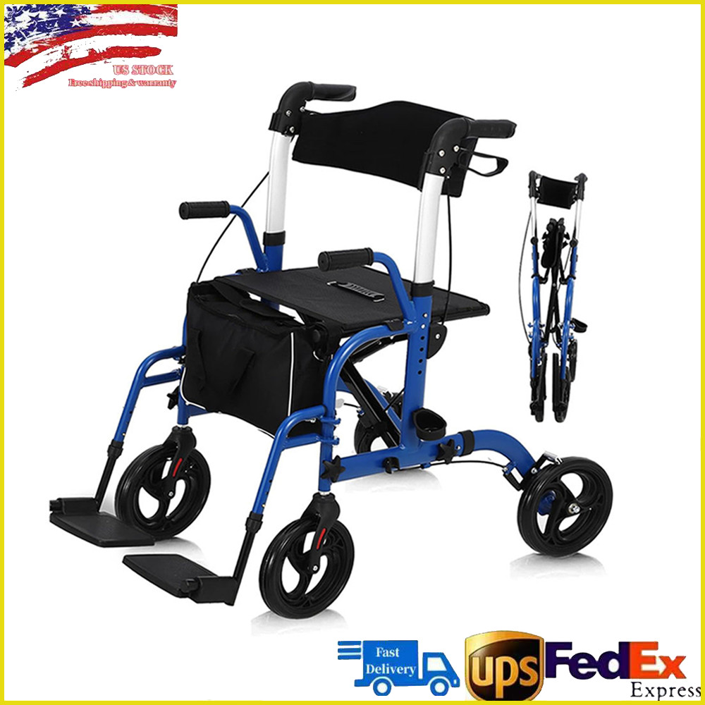 2 in 1 Rollator Walker & Transport Chair for Seniors with Seat Brakes Footrest