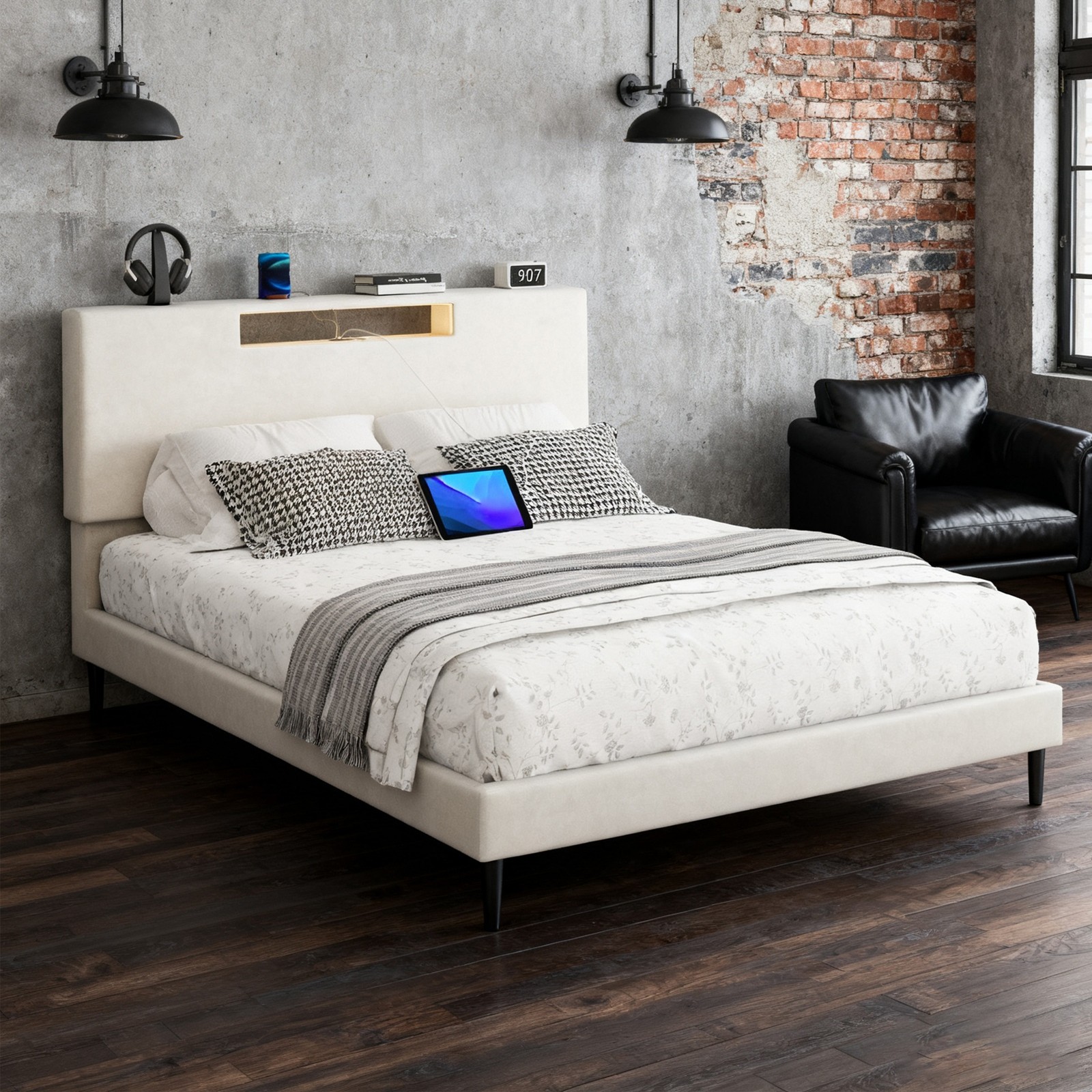 Full Size LED Upholstered Bed Frame Easy 40Minutes Assembly Complete HardwareKit