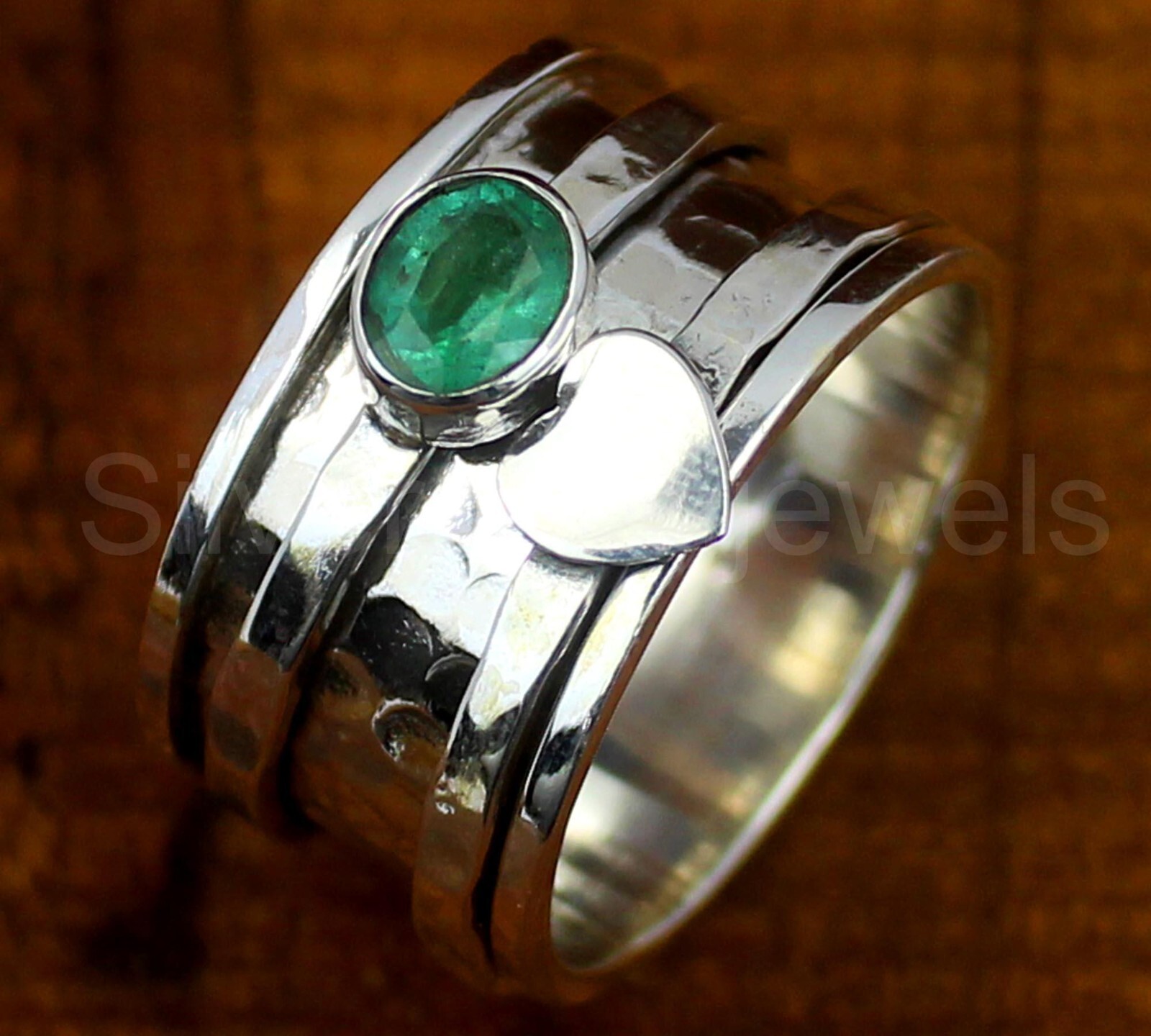 Natural emerald stone rings Spinning Design ring, 925 Sterling silver ring