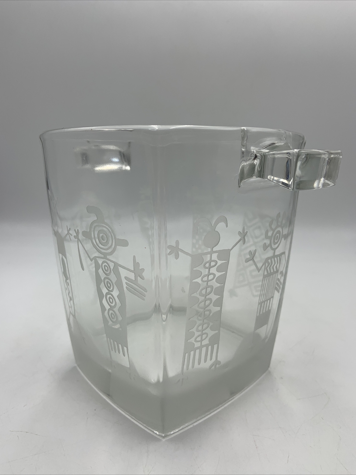 Modern Etched Glass Thick Ice Bucket France Tribal Stick Figures