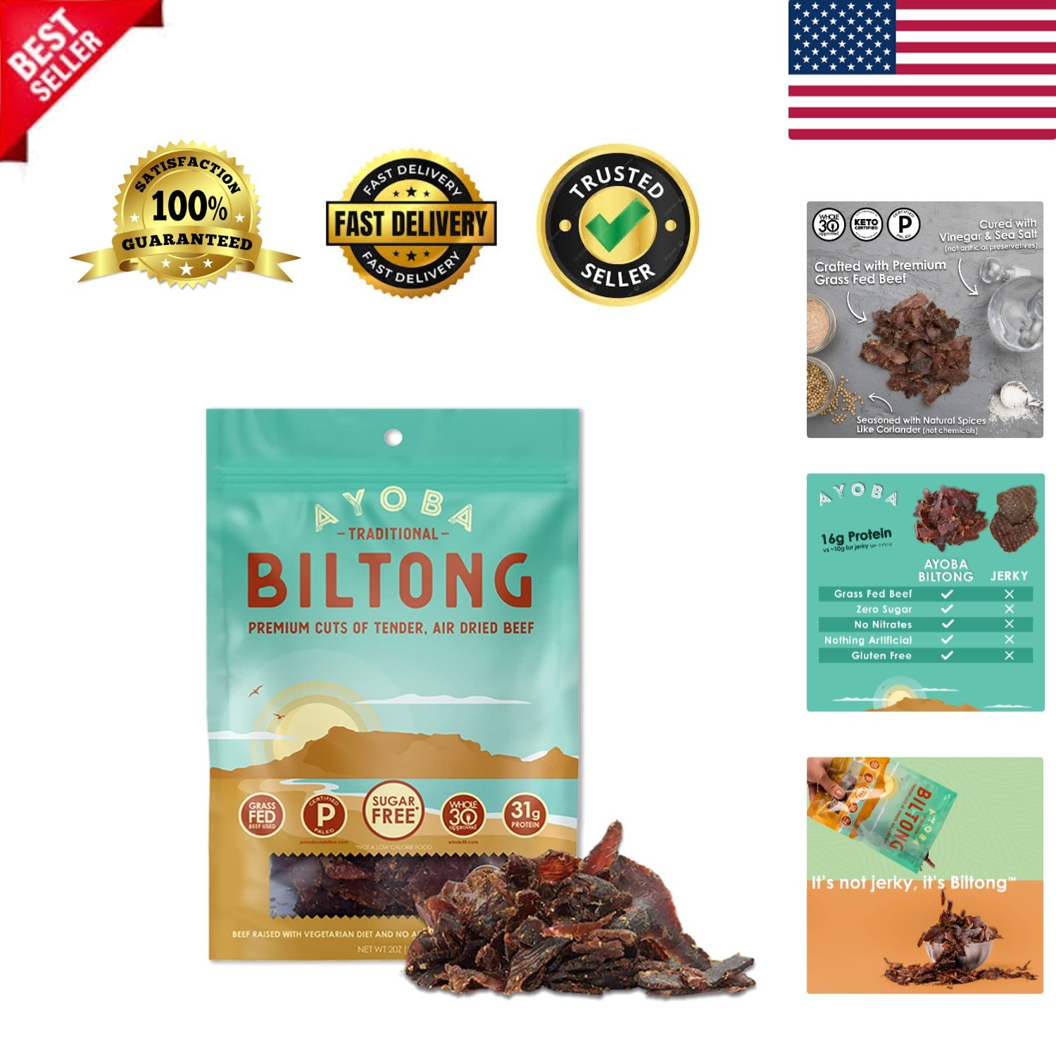 Traditional Grass Fed Beef Biltong Slices 2 Ounce, Pack of 1 - Keto Friendly ...