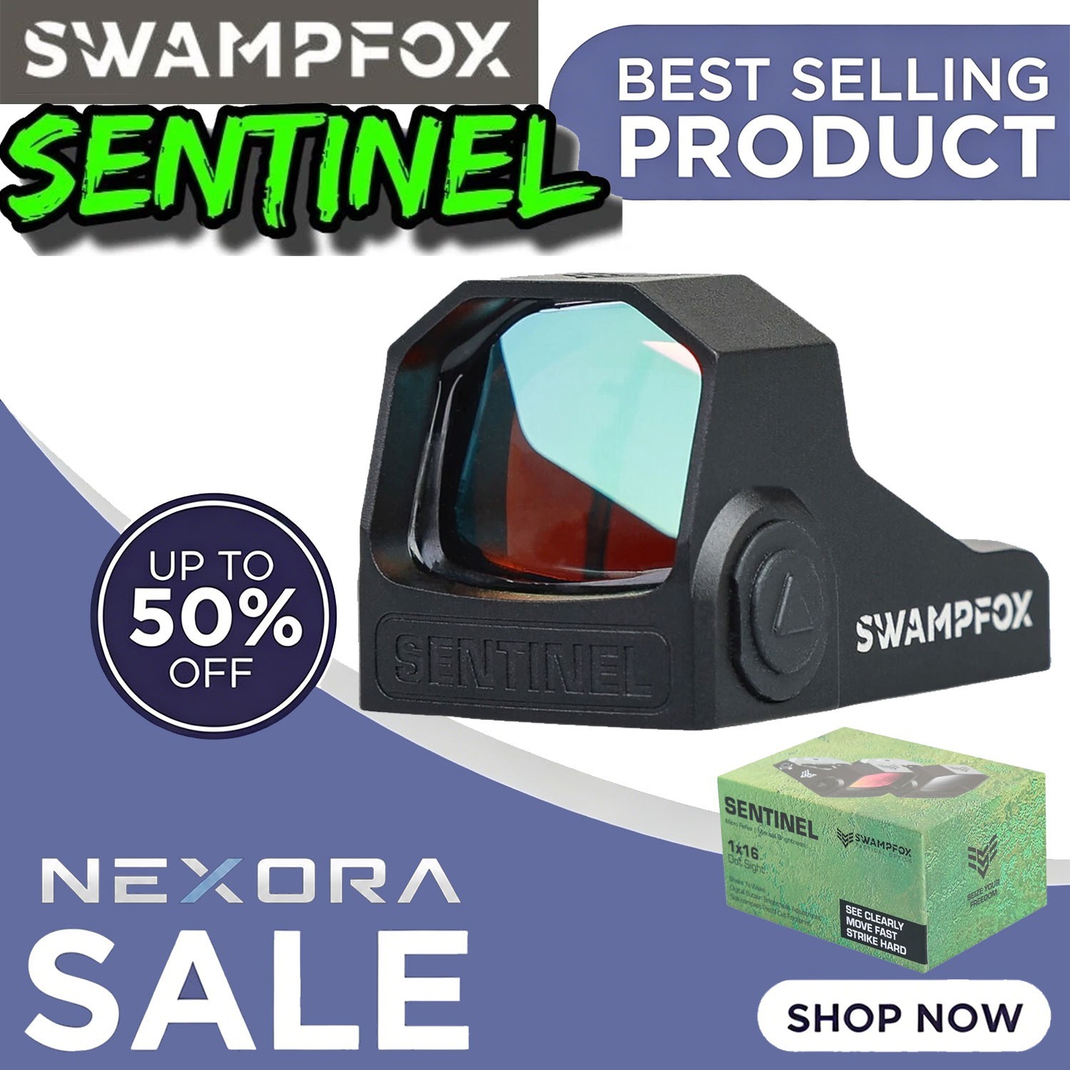 Swampfox Sentinel 1x16mm Micro Reflex Red/Green Dot Sight 3 MOA For RMSc