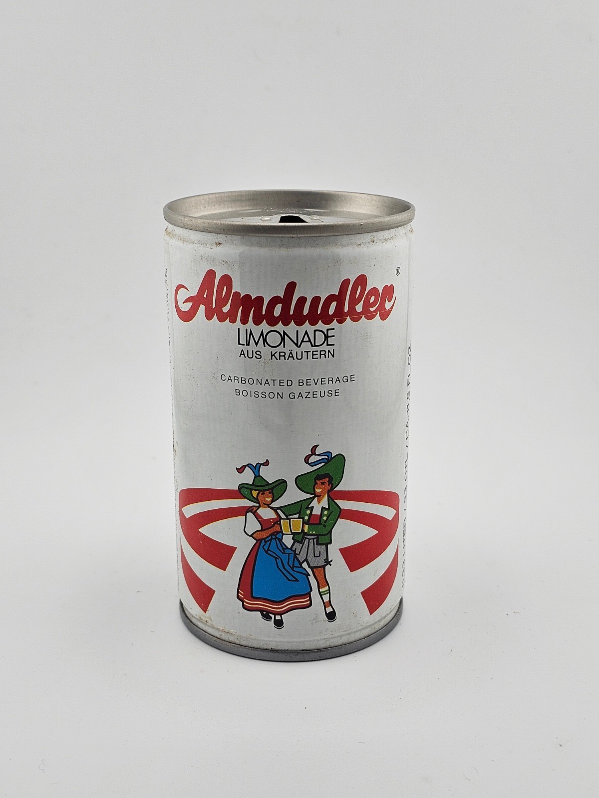 Vintage Steel Pull Tab Almdudler Limonade Soda Aus Krautern 11.5 oz Empty Can