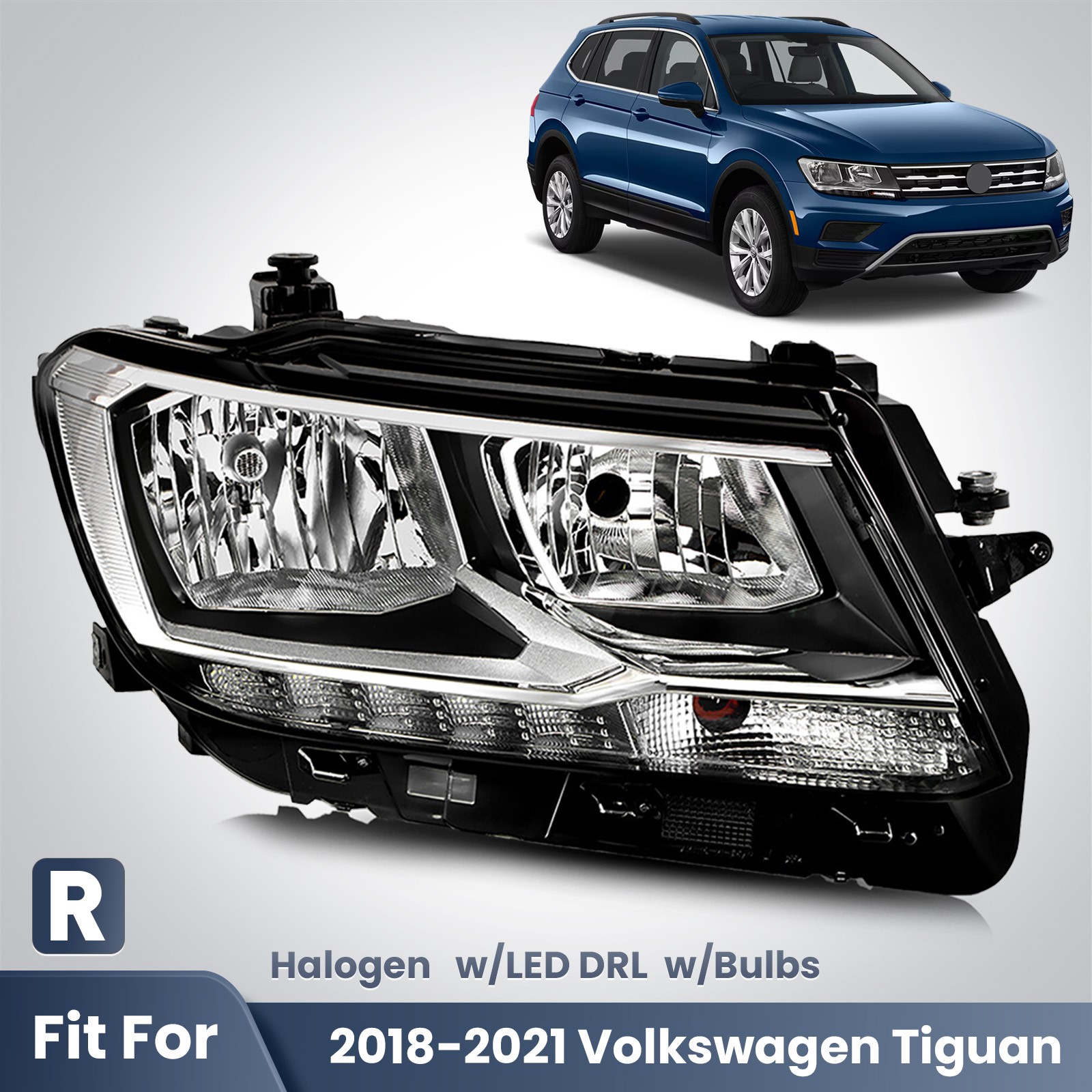 For 2018-2021 Volkswagen Tiguan Halogen w/LED DRL Headlight Passenger Right Side