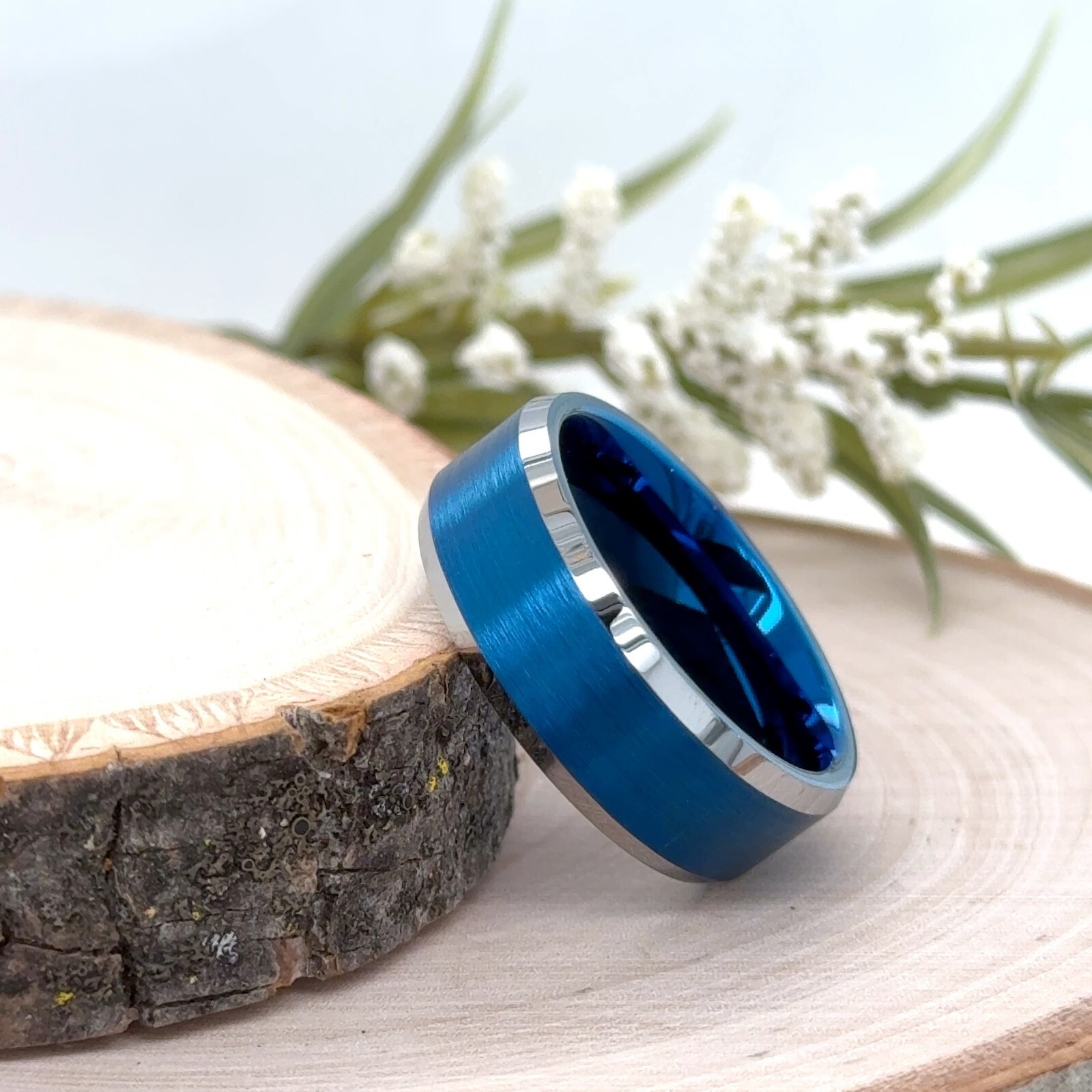 Stain Surface Domed Edge Ring For Christmas Gift 8mm Silver & Blue Tungsten Band