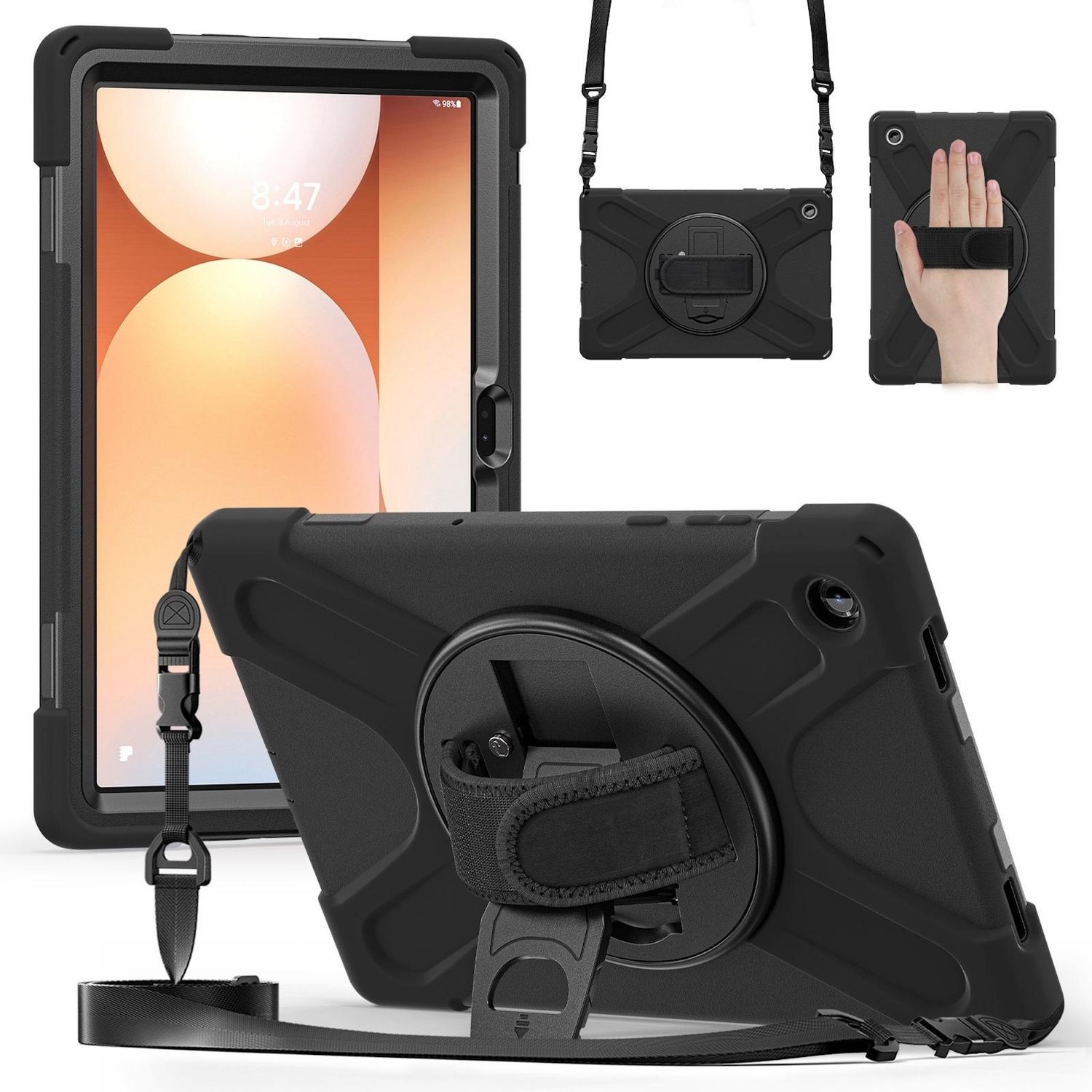 Hybrid Case for Samsung Galaxy Tab A11 Plus Holder & Shoulder Strap Black