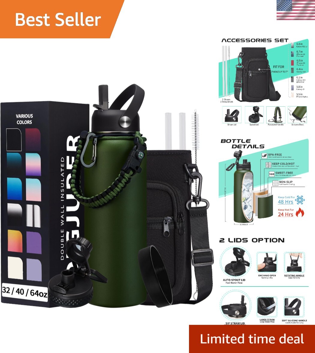 Versatile 40oz Stainless Steel Water Bottle with Neoprene Carrying Pouch & Lids