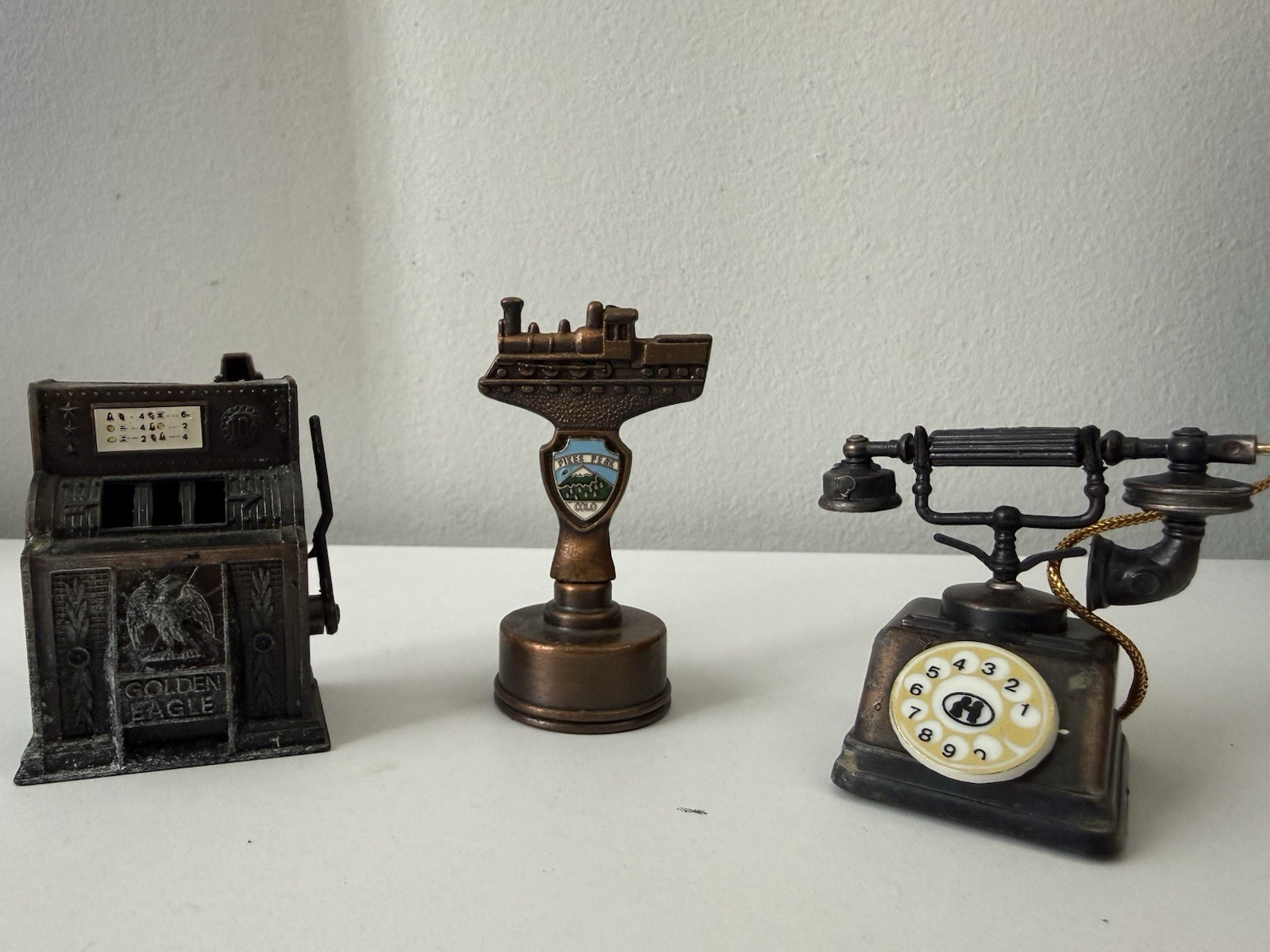 3 Vintage Metal Pencil Sharpeners Phone Cash Register Pikes Peak Hong Kong