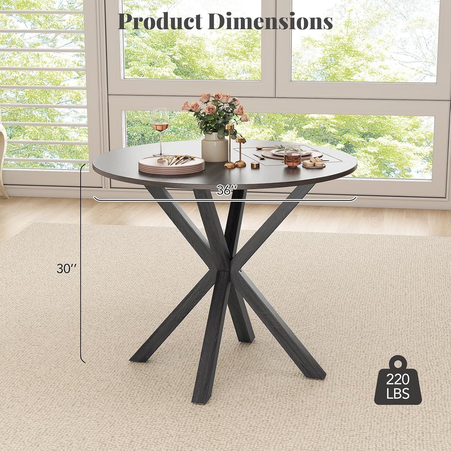 Modern 36" Round Dining Table for 2-4 with Rubber Wood Legs - Black