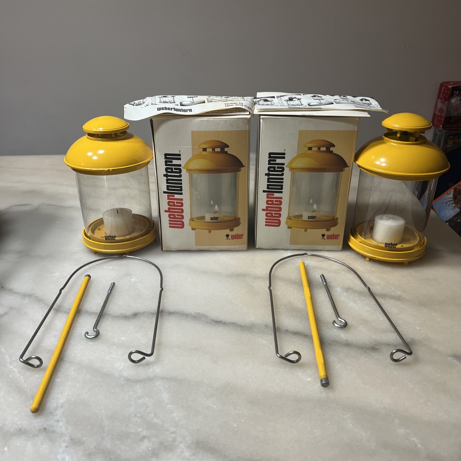 (2) Vintage Weber Lars Yellow Candle Lantern Complete w/Box Hang & Stake - 1984