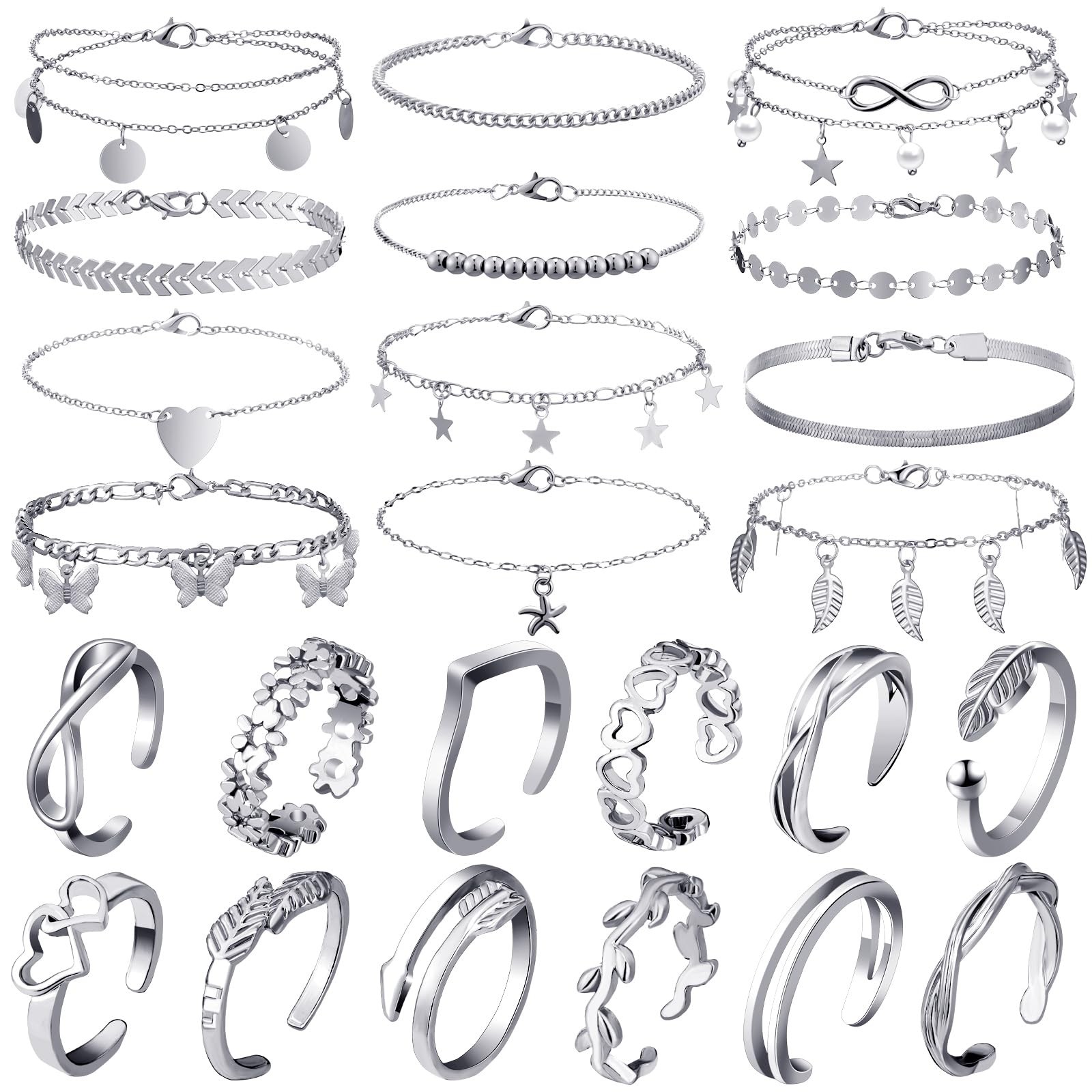 24 Pcs Anklet and Toe Ring Set for Women Girl Silver Gold Layered An...