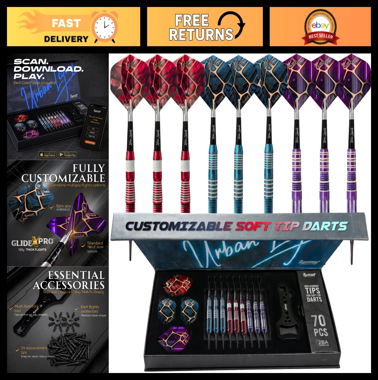 Soft Tip Darts Set 9 Pack 18g for Electronic Dartboards, Stainless Steel, Multi-