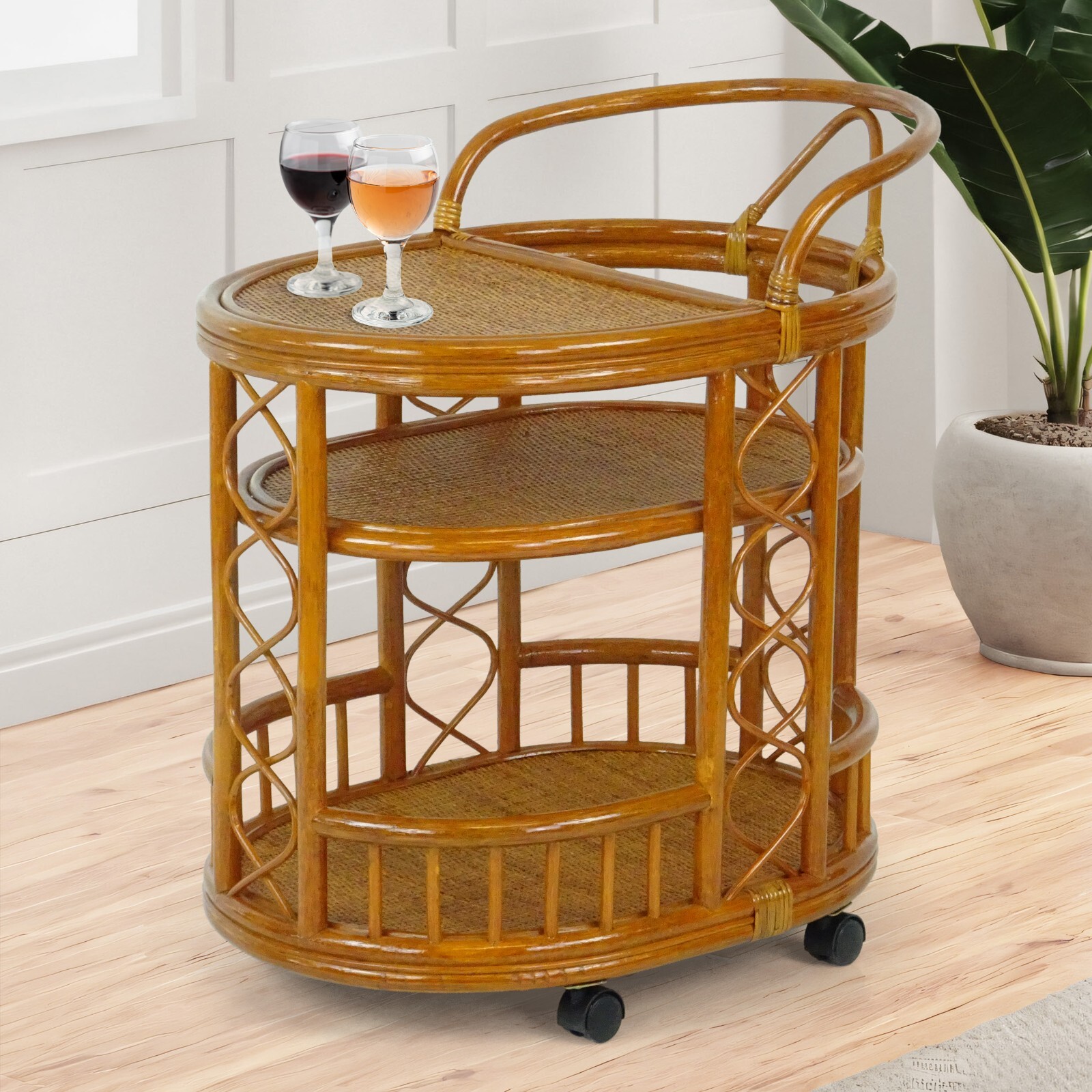 Trolley Handmade Rattan Wicker Serving Moving Cart w/Wheels, Woven Bar Table
