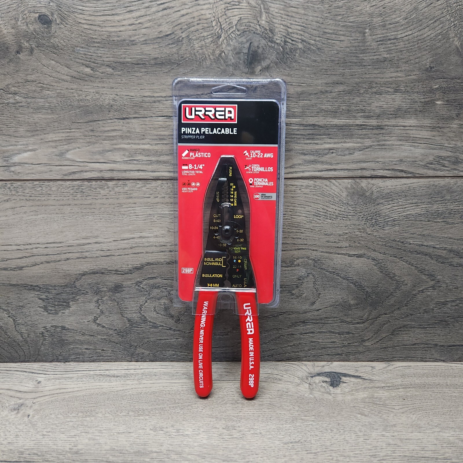 URREA 298P PLIER  10-22 AWG STRIPPER Red Handle USA Made New