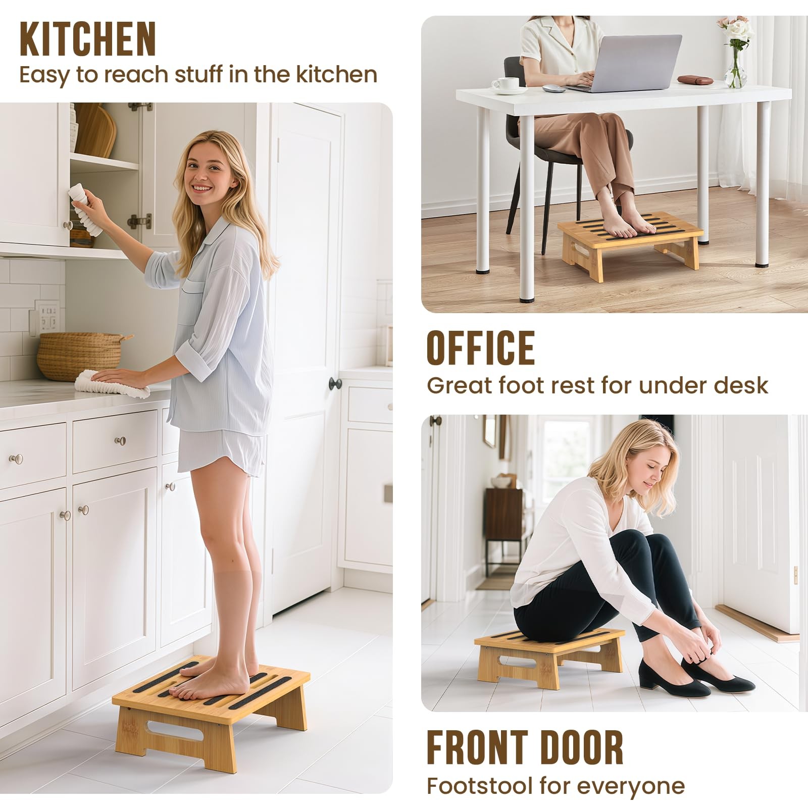 Natural Bamboo Step Stool for Adults Seniors Kids Non-Slip Waterproof Support 45