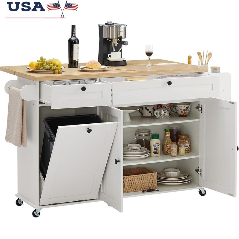 Kitchen Island Table W/ Storage Drop Leaf Countertop Power Outlet Wheels New
