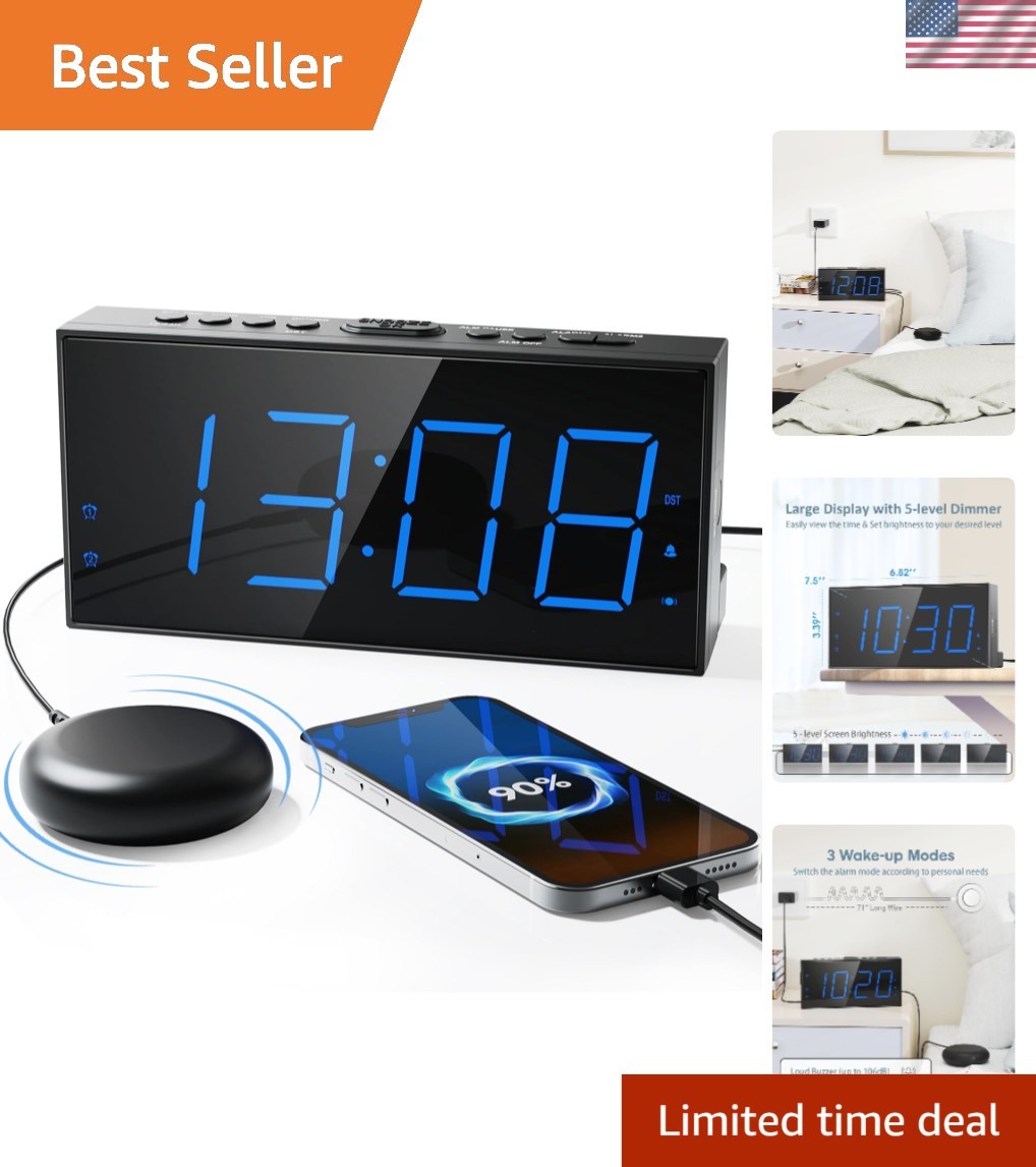 Vibrating Alarm Clock with Bed Shaker, 7.5” LED Display & USB Charging