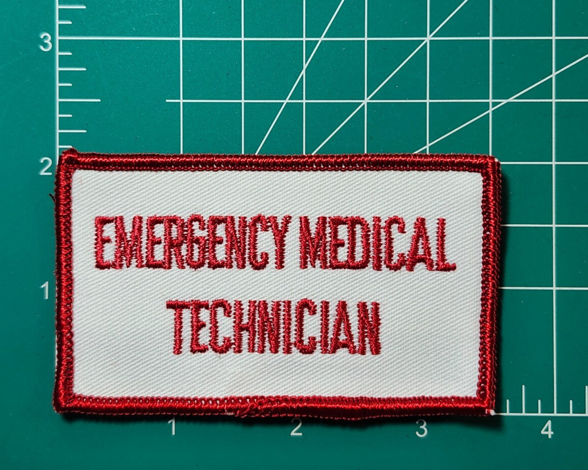 (2) EMERGENCY MEDICAL TECHNICIAN Embroidered Patch | Rectangle | RED ON WHITE