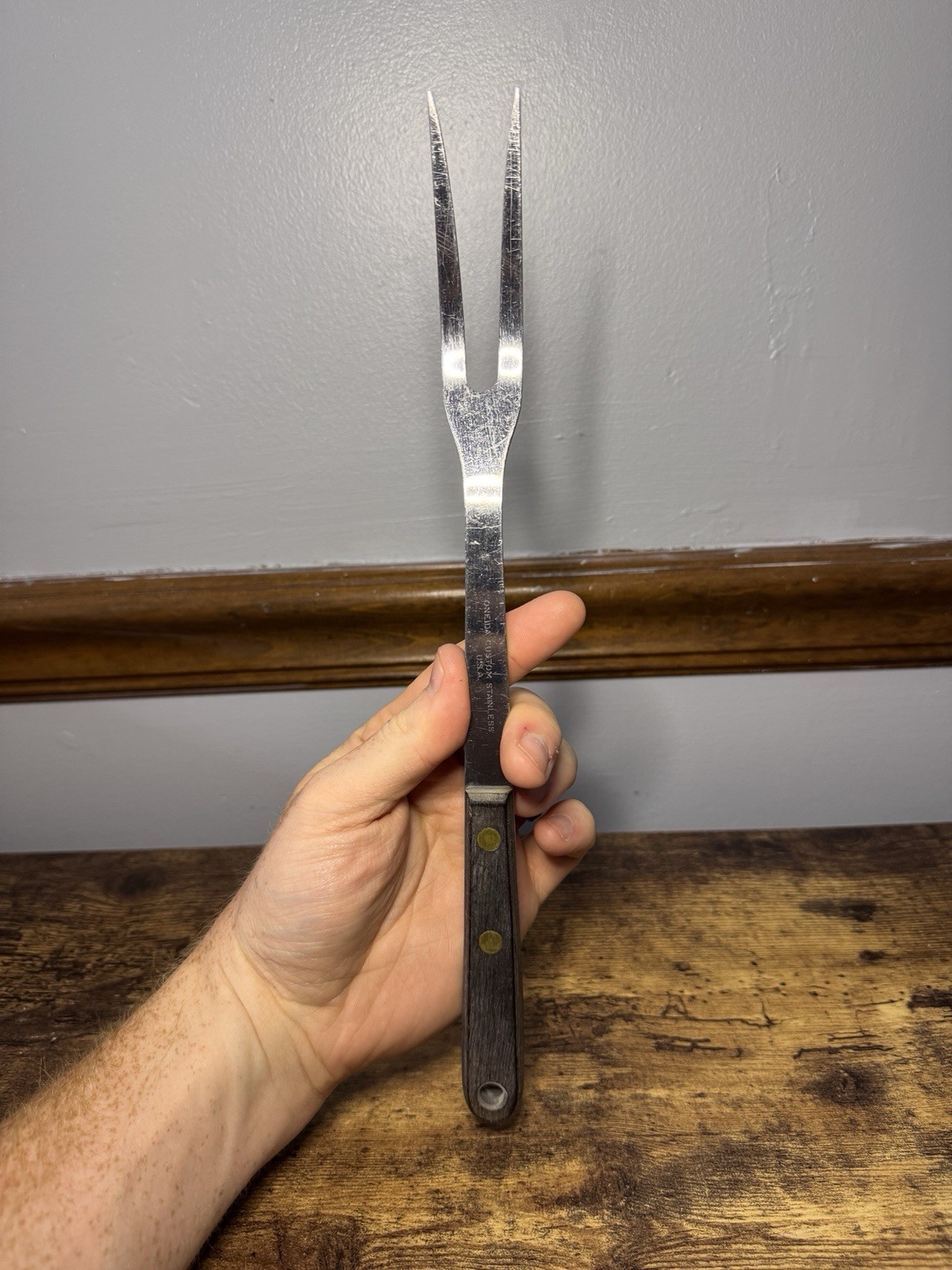 Oneida Custom Stainless Steel Carving Fork - Wood Handle - 12” - USA