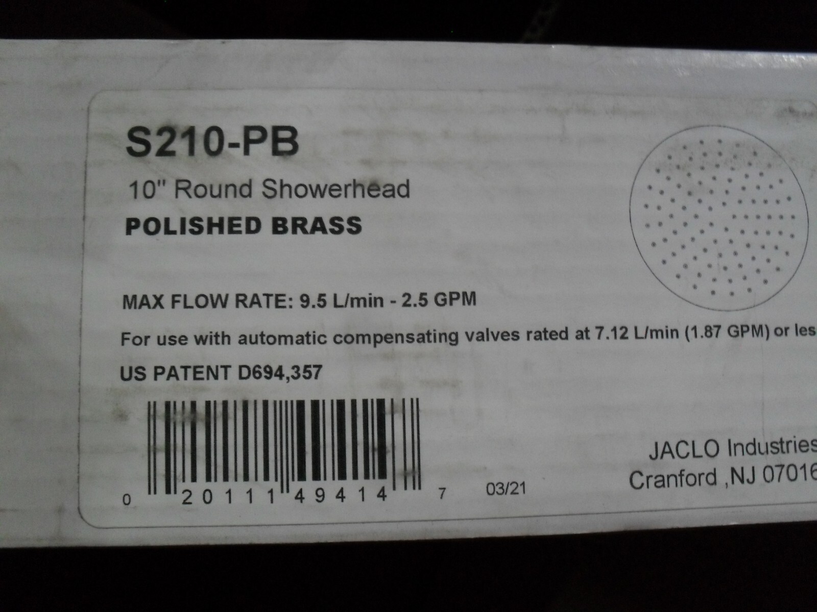 Jaclo S210-PB 10" Round Showerhead 2.5GPM Polished Brass