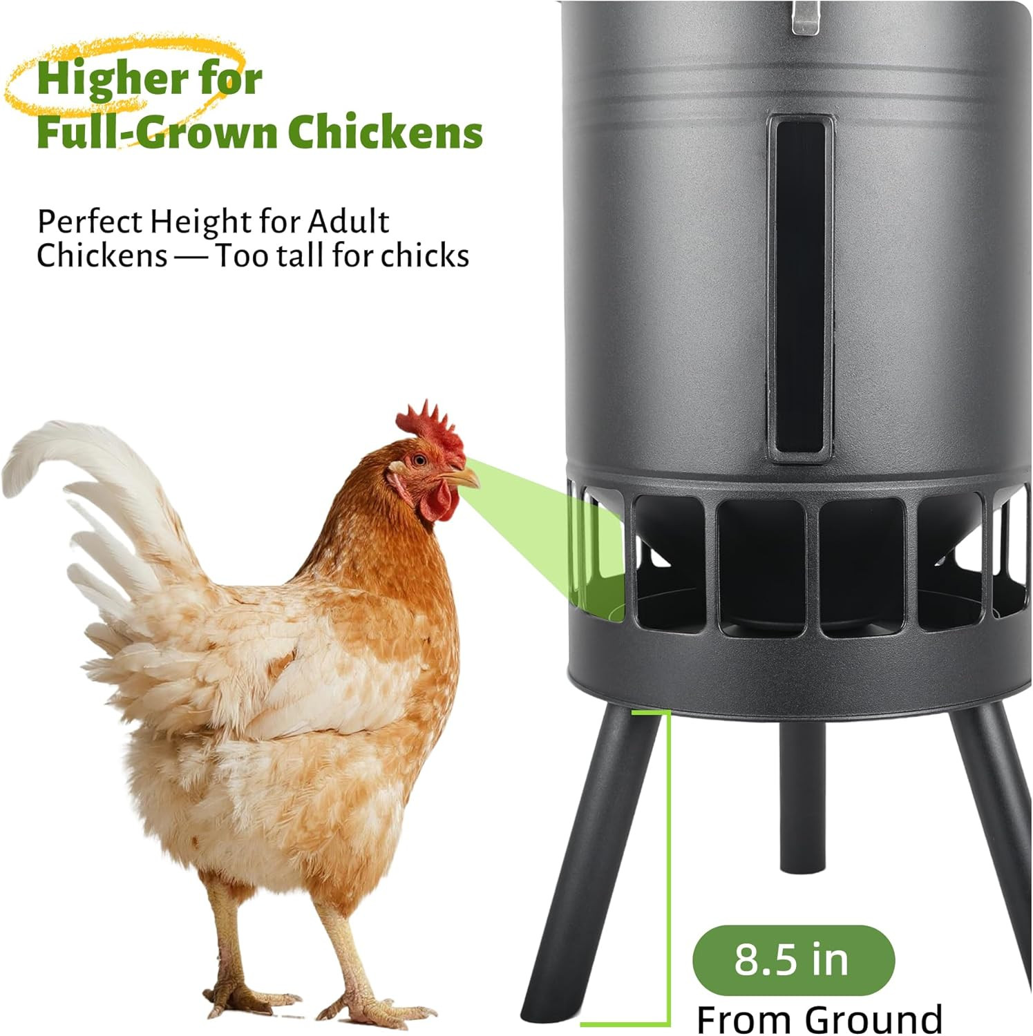 50LB Metal Chicken Feeder - No Waste, No Clog Design with 16 Ports & Smooth Grav